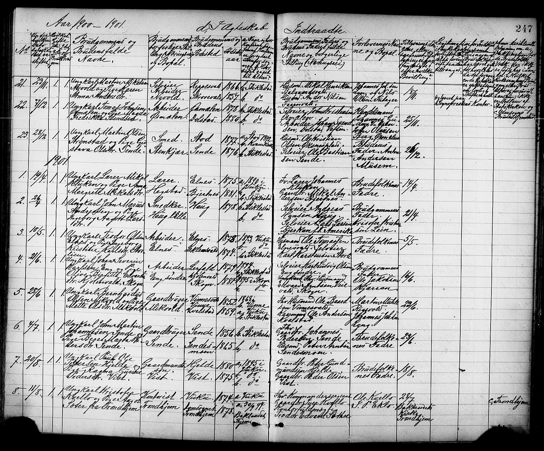 Ministerialprotokoller, klokkerbøker og fødselsregistre - Nord-Trøndelag, SAT/A-1458/723/L0257: Parish register (copy) no. 723C05, 1890-1907, p. 247