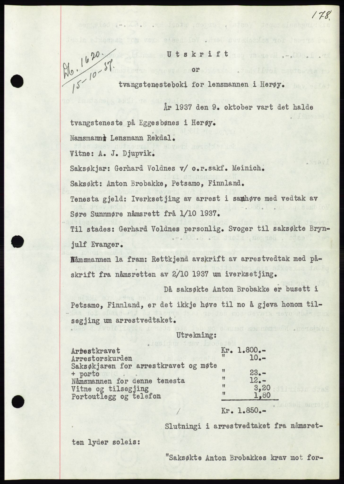 Søre Sunnmøre sorenskriveri, AV/SAT-A-4122/1/2/2C/L0064: Mortgage book no. 58, 1937-1938, Diary no: : 1620/1937