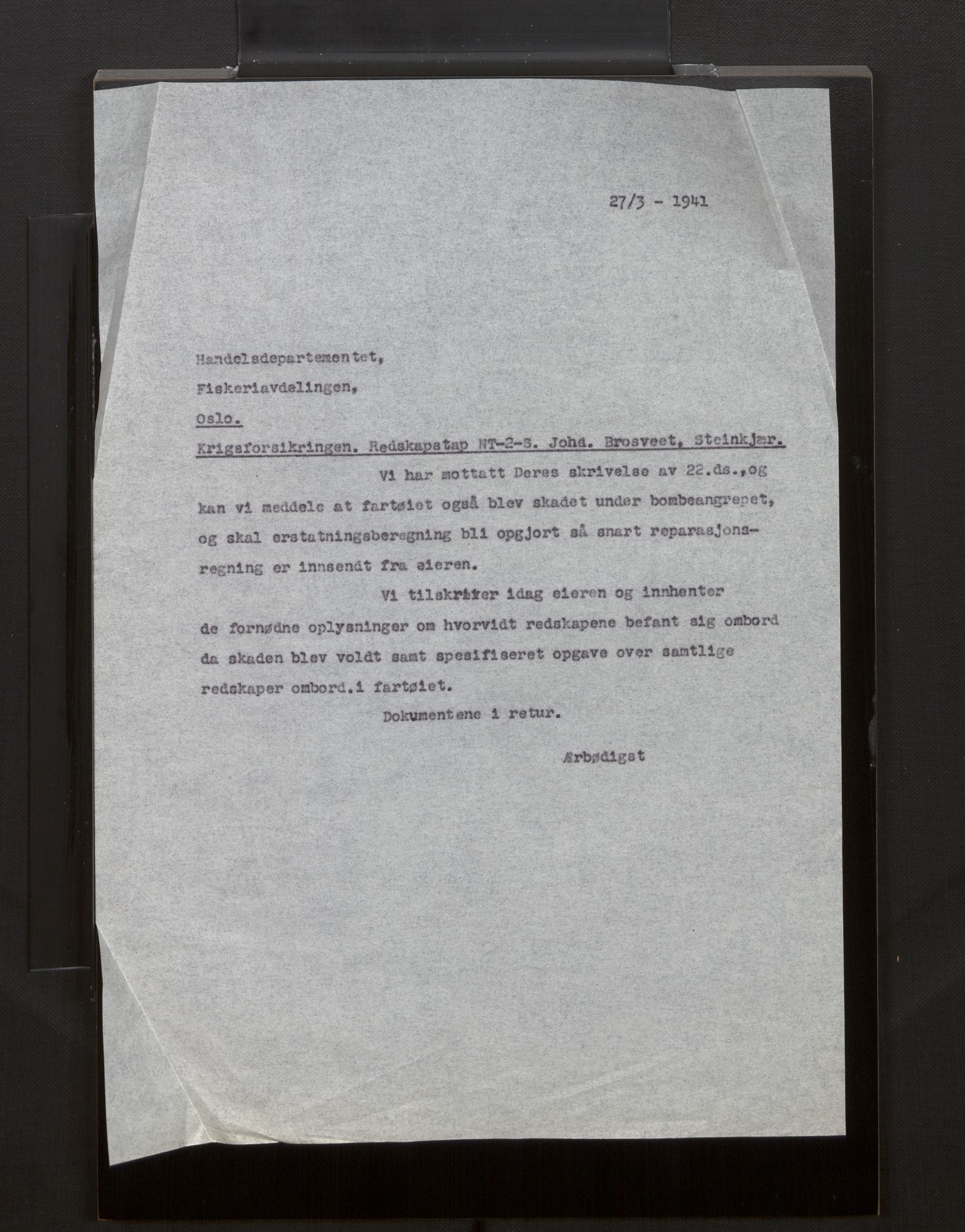 Fiskeridirektoratet - 1 Adm. ledelse - 13 Båtkontoret, AV/SAB-A-2003/La/L0008: Statens krigsforsikring for fiskeflåten, 1936-1971, p. 268