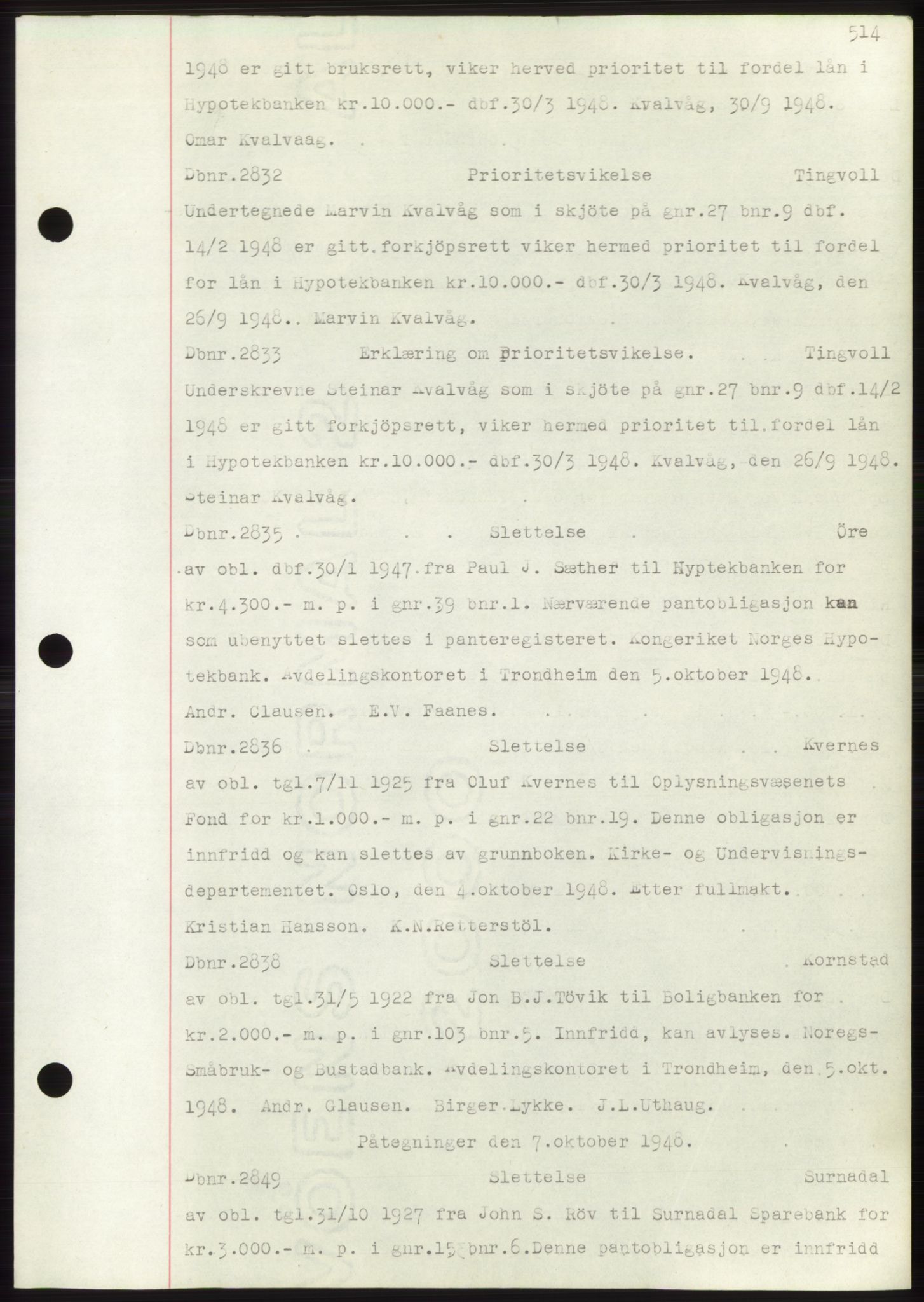 Nordmøre sorenskriveri, SAT/A-4132/1/2/2Ca: Mortgage book no. C82b, 1946-1951, Diary no: : 2832/1948