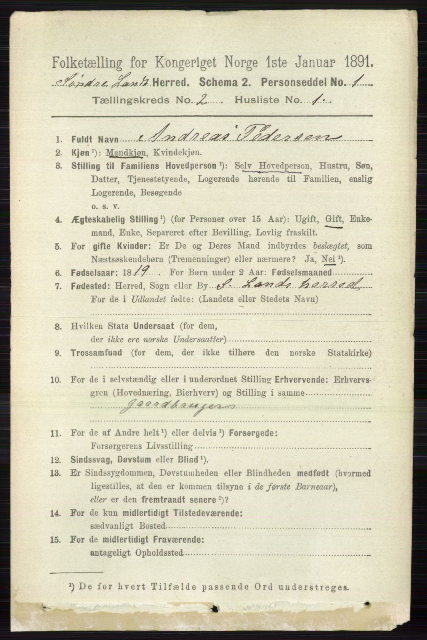 RA, 1891 census for 0536 Søndre Land, 1891, p. 1028