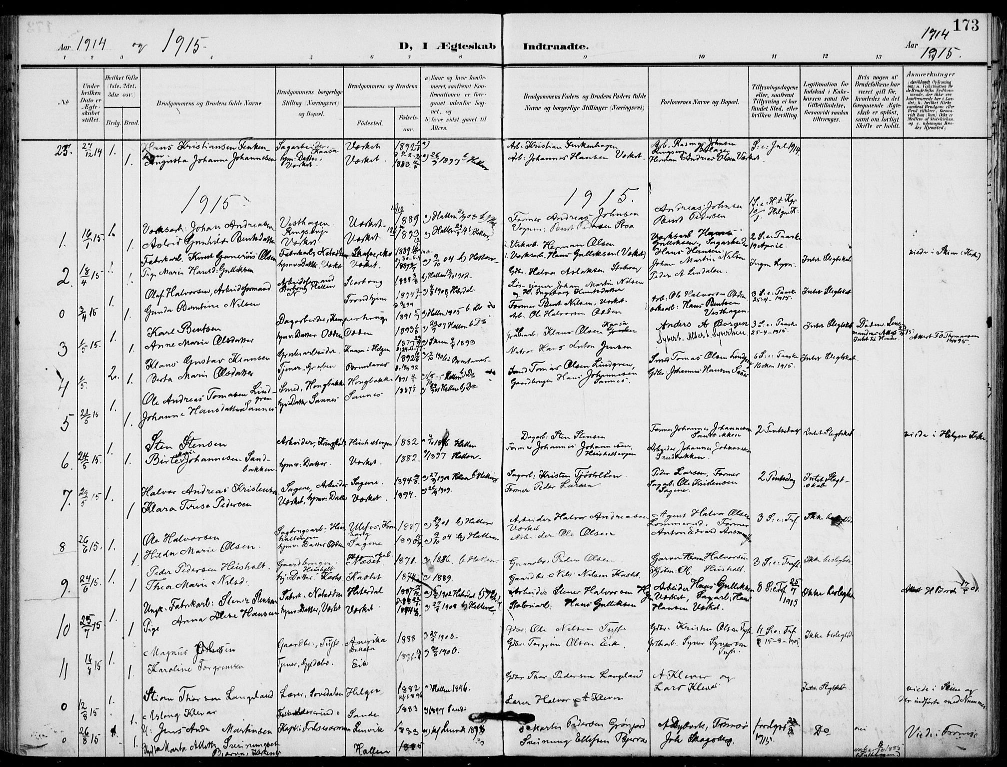 Holla kirkebøker, AV/SAKO-A-272/F/Fa/L0012: Parish register (official) no. 12, 1907-1923, p. 173