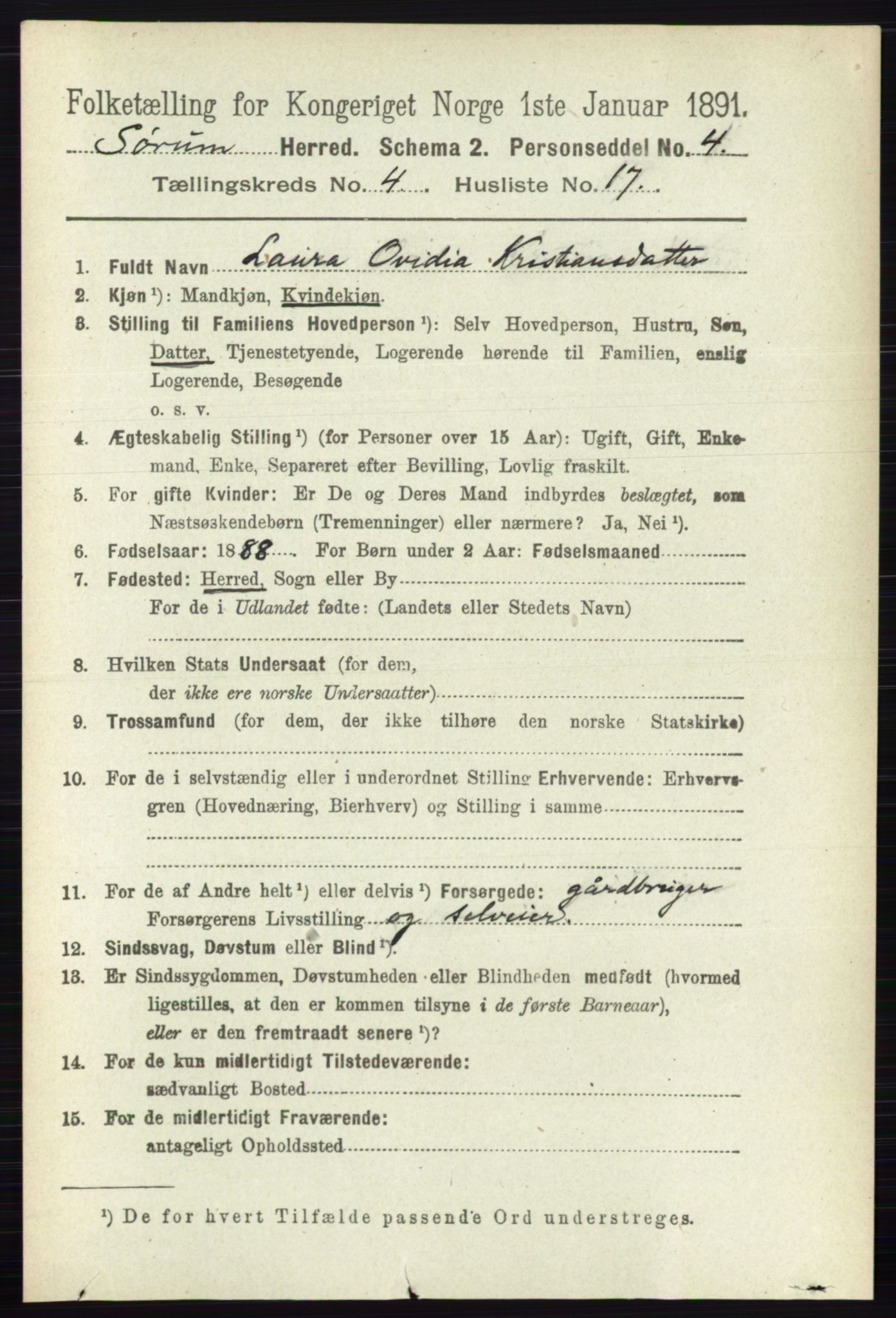RA, 1891 census for 0226 Sørum, 1891, p. 1986
