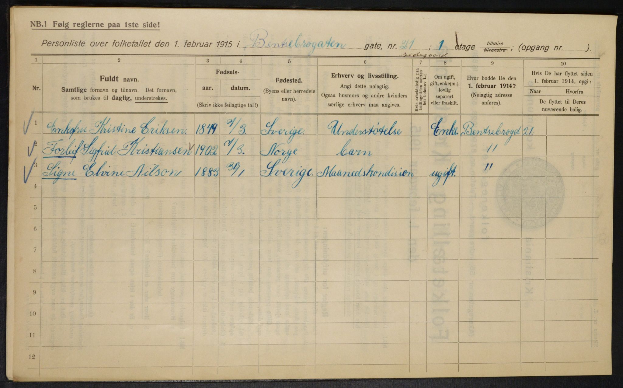 OBA, Municipal Census 1915 for Kristiania, 1915, p. 3536