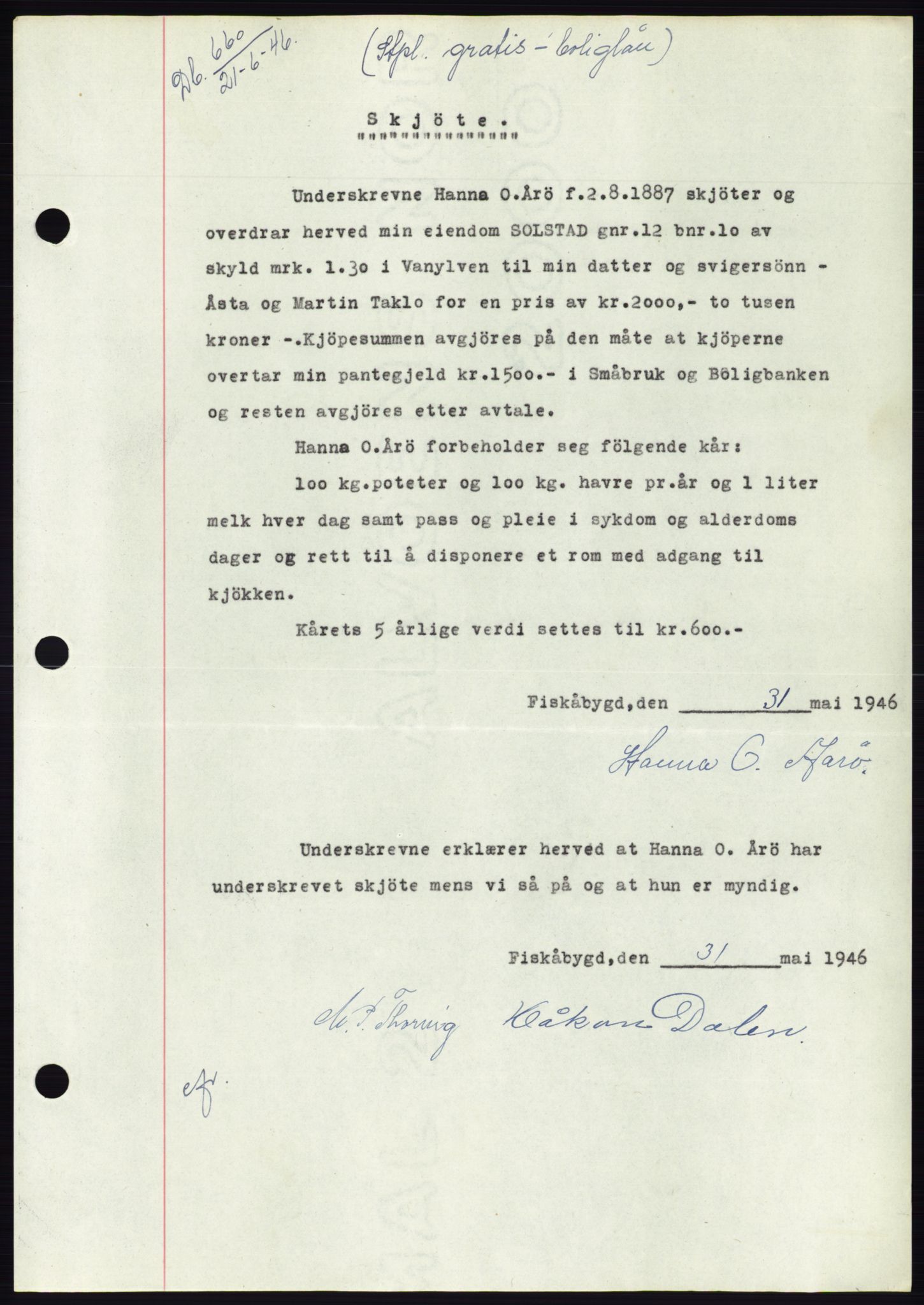 Søre Sunnmøre sorenskriveri, AV/SAT-A-4122/1/2/2C/L0078: Mortgage book no. 4A, 1946-1946, Diary no: : 660/1946