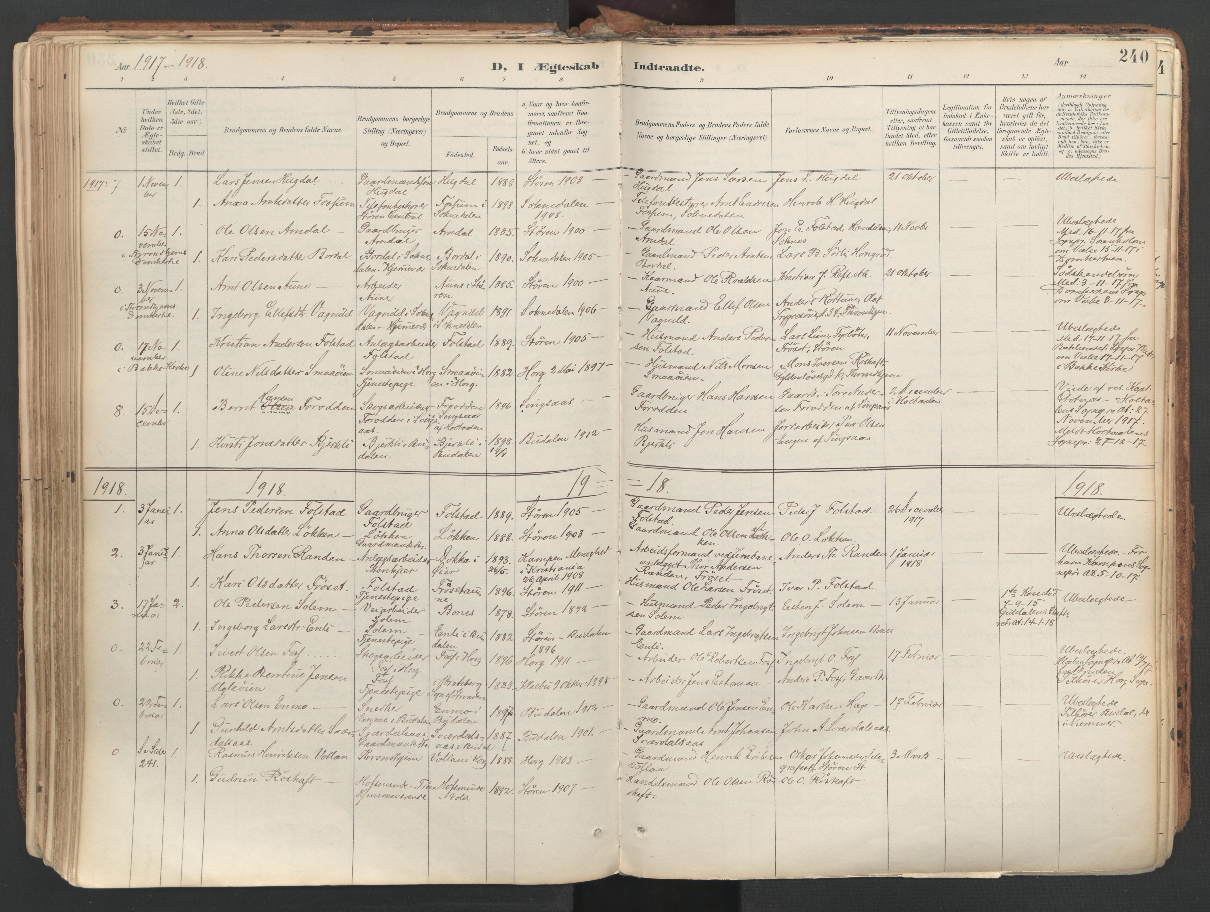 Ministerialprotokoller, klokkerbøker og fødselsregistre - Sør-Trøndelag, SAT/A-1456/687/L1004: Parish register (official) no. 687A10, 1891-1923, p. 240