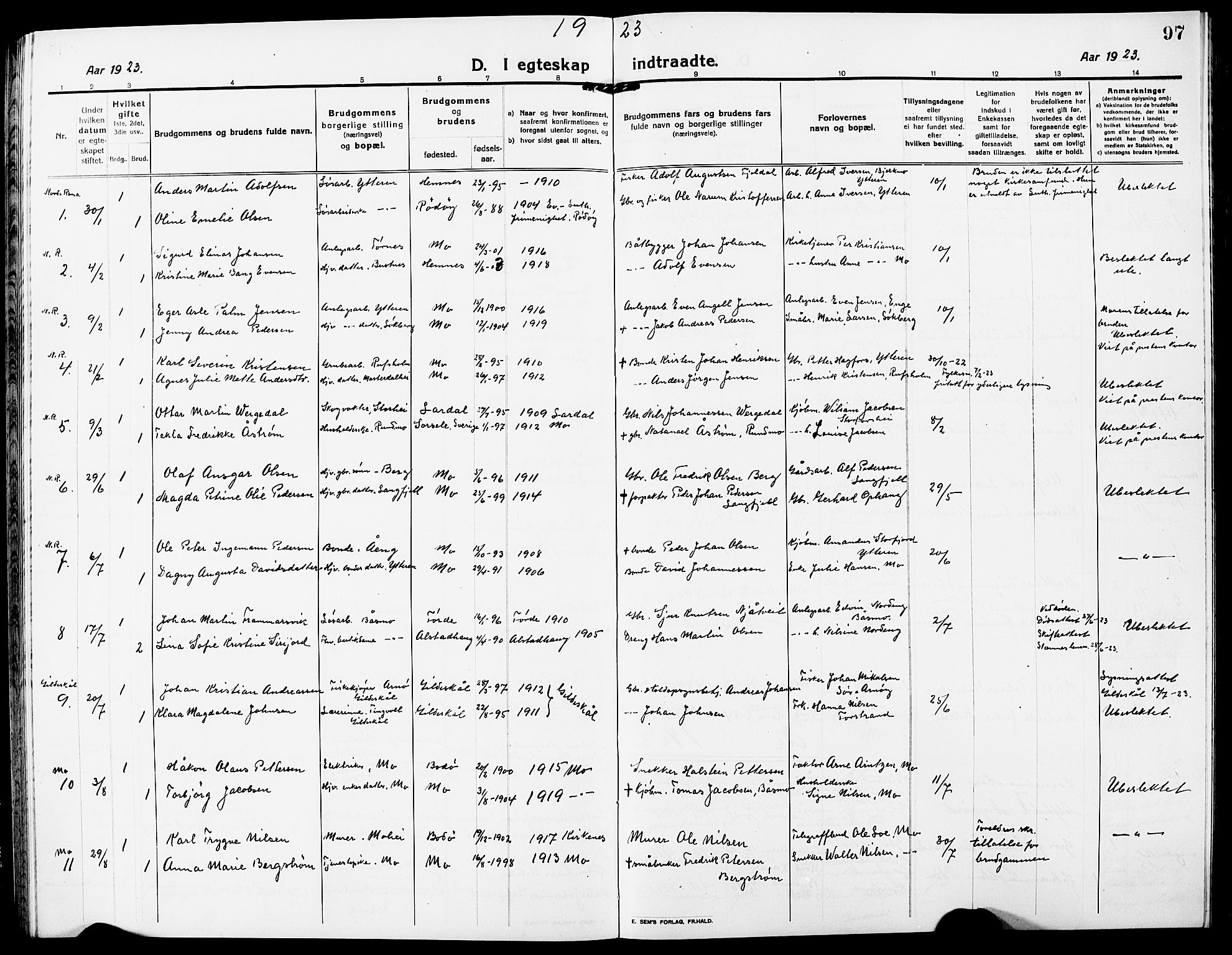 Ministerialprotokoller, klokkerbøker og fødselsregistre - Nordland, SAT/A-1459/827/L0424: Parish register (copy) no. 827C13, 1921-1930, p. 97