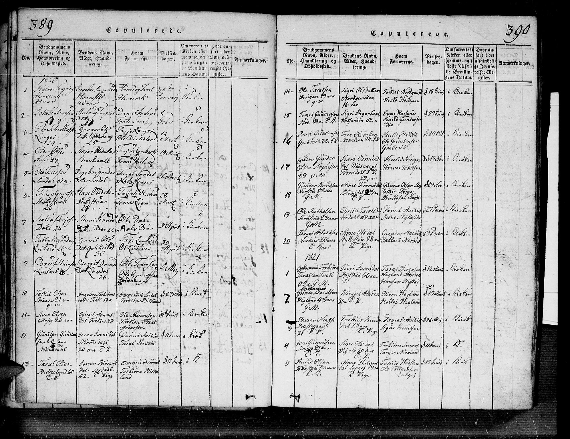 Bygland sokneprestkontor, SAK/1111-0006/F/Fa/Fab/L0003: Parish register (official) no. A 3, 1816-1841, p. 389-390