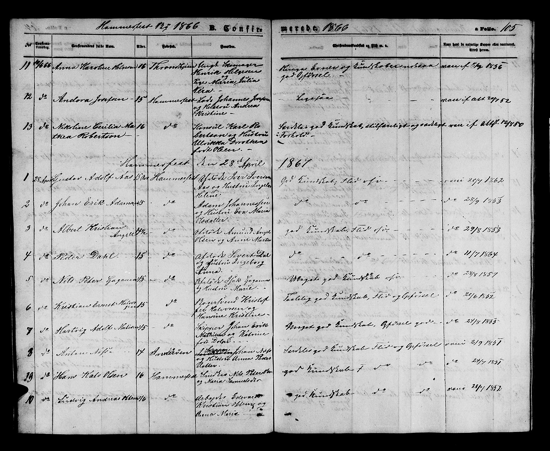 Hammerfest sokneprestkontor, SATØ/S-1347/H/Hb/L0003.klokk: Parish register (copy) no. 3 /1, 1862-1868, p. 105