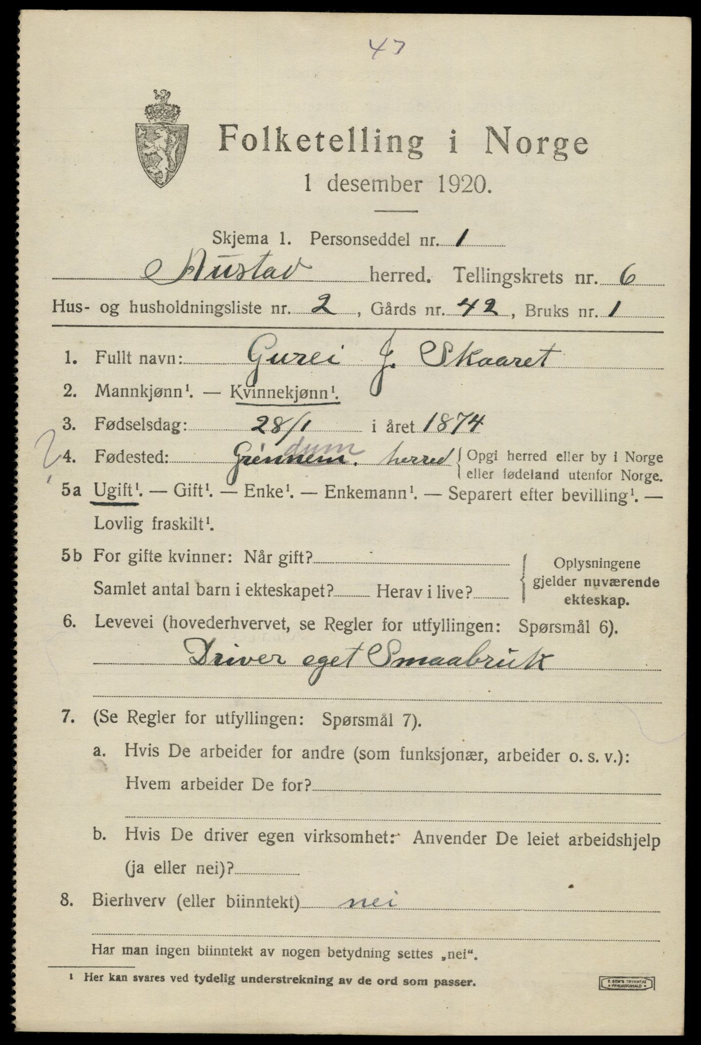 SAK, 1920 census for Austad, 1920, p. 1883