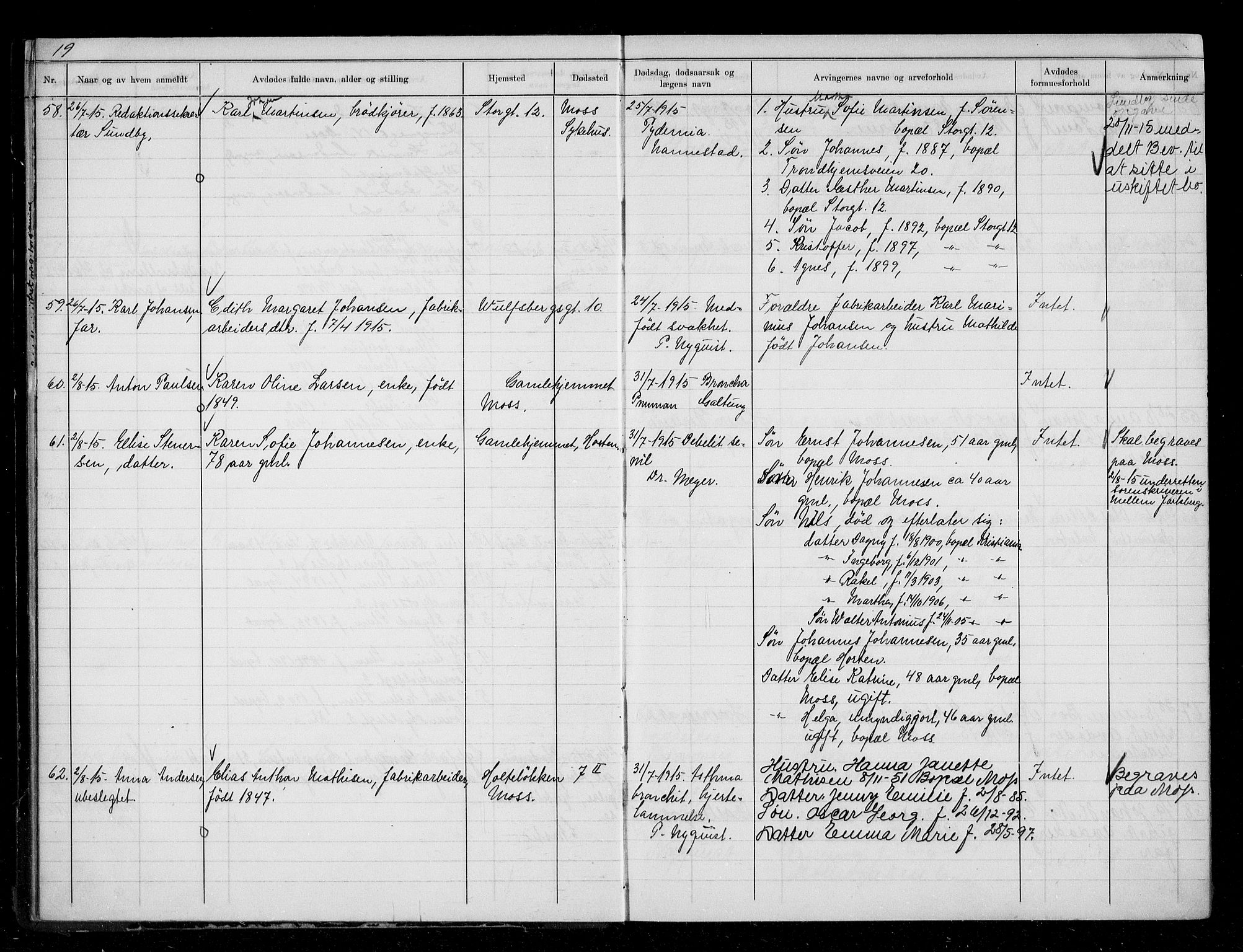 Moss byfogd, AV/SAO-A-10863/H/Ha/Hab/L0005: Dødsanmeldelsesprotokoll, 1914-1920, p. 19