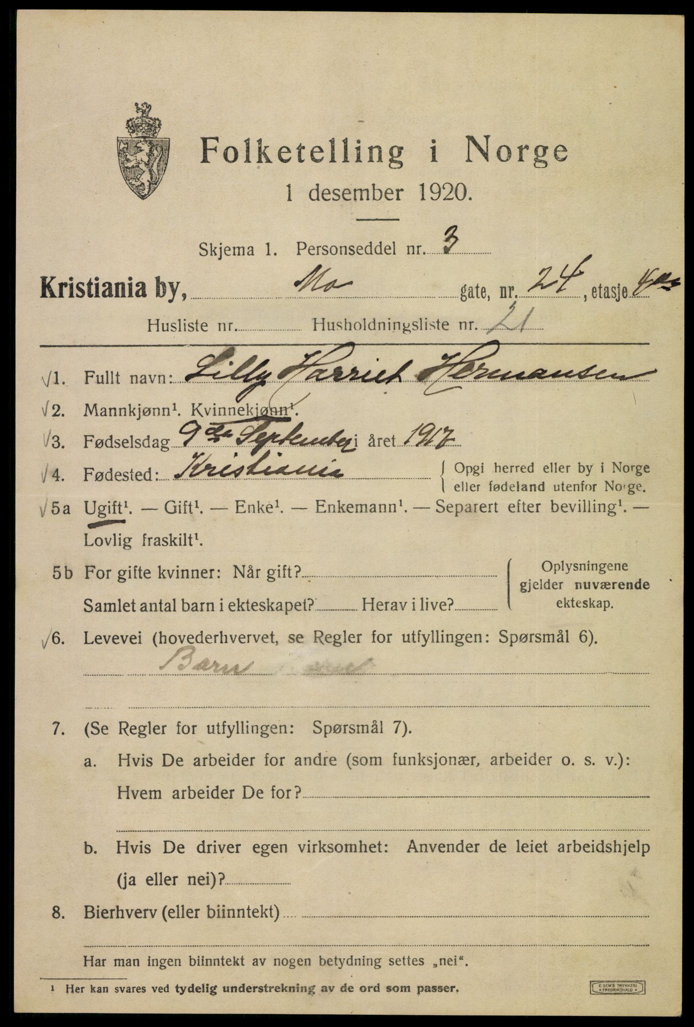 SAO, 1920 census for Kristiania, 1920, p. 396271