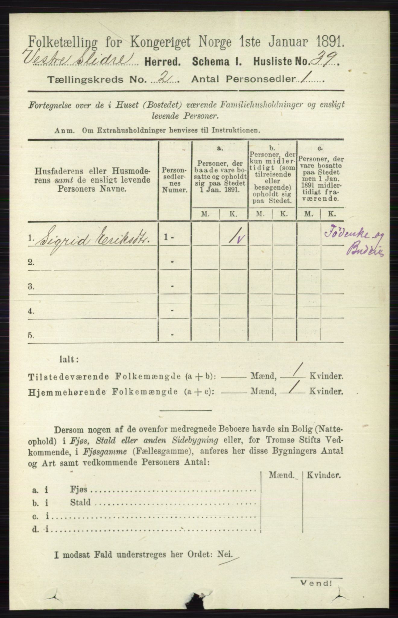 RA, 1891 census for 0543 Vestre Slidre, 1891, p. 500