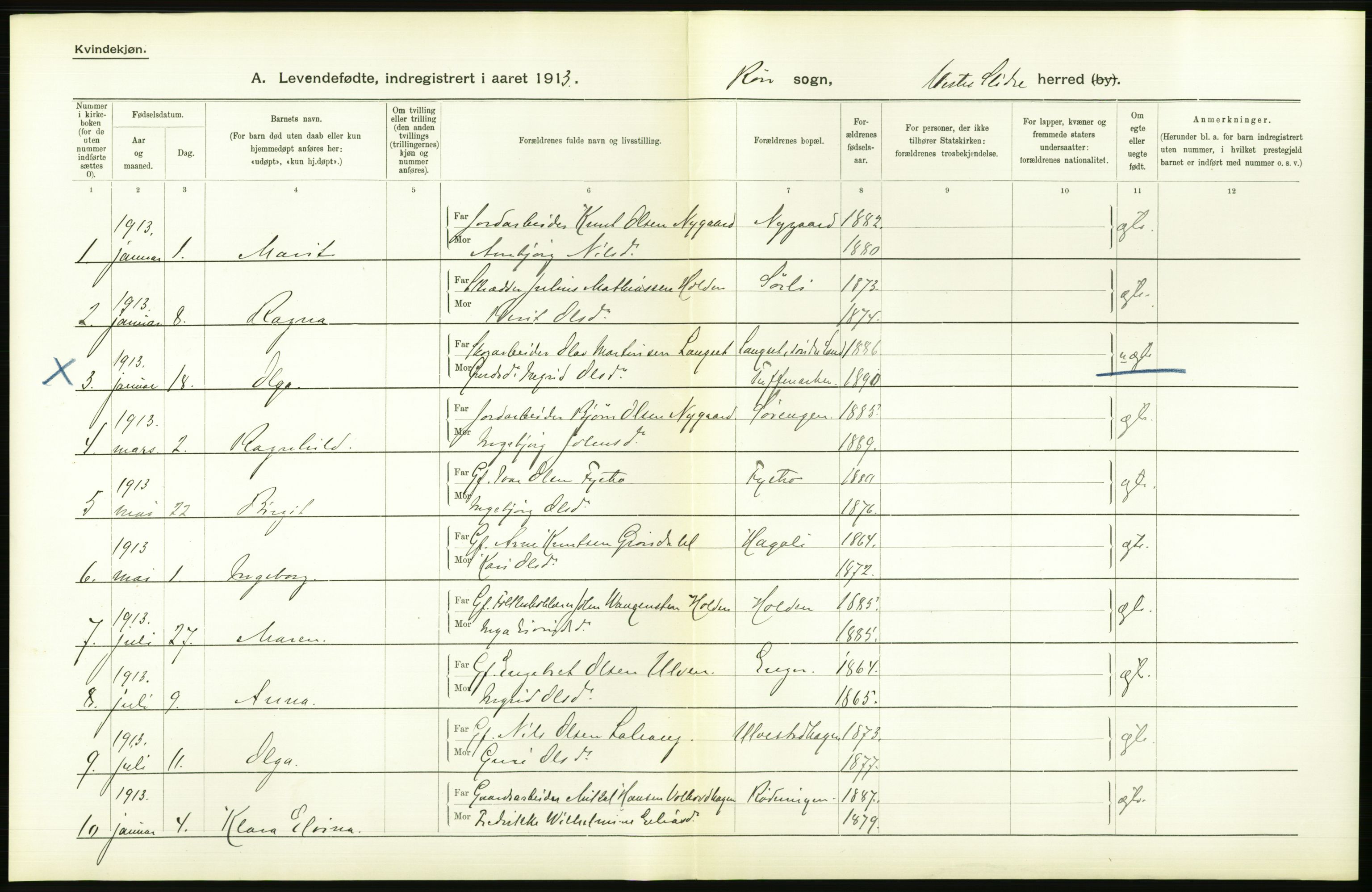 Statistisk sentralbyrå, Sosiodemografiske emner, Befolkning, AV/RA-S-2228/D/Df/Dfb/Dfbc/L0013: Kristians amt: Levendefødte menn og kvinner. Bygder og byer., 1913, p. 42