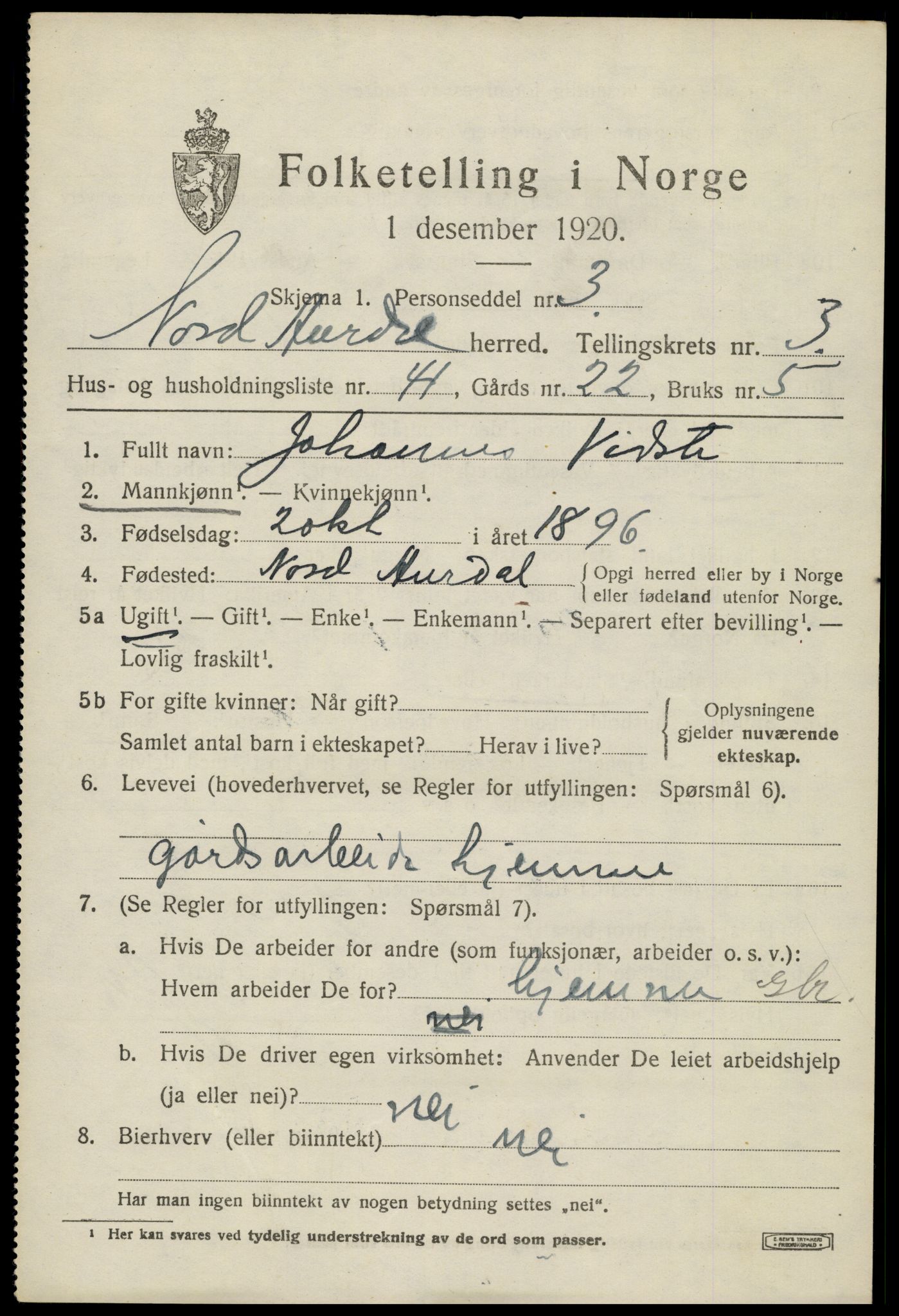 SAH, 1920 census for Nord-Aurdal, 1920, p. 3612