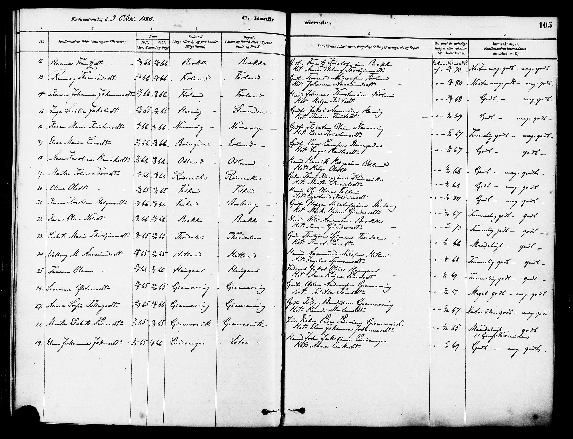 Tysvær sokneprestkontor, AV/SAST-A -101864/H/Ha/Haa/L0006: Parish register (official) no. A 6, 1878-1896, p. 105