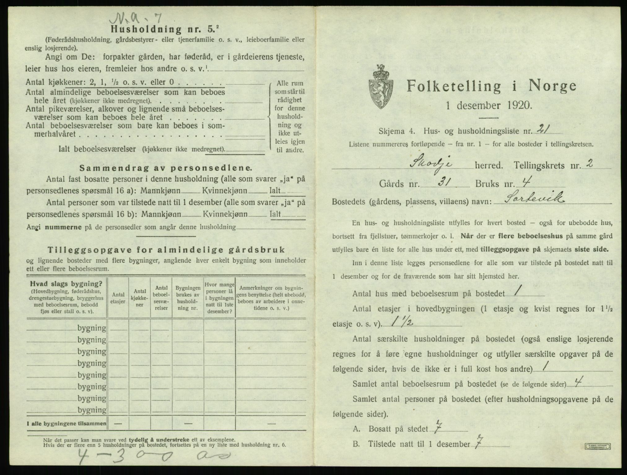 SAT, 1920 census for Skodje, 1920, p. 155