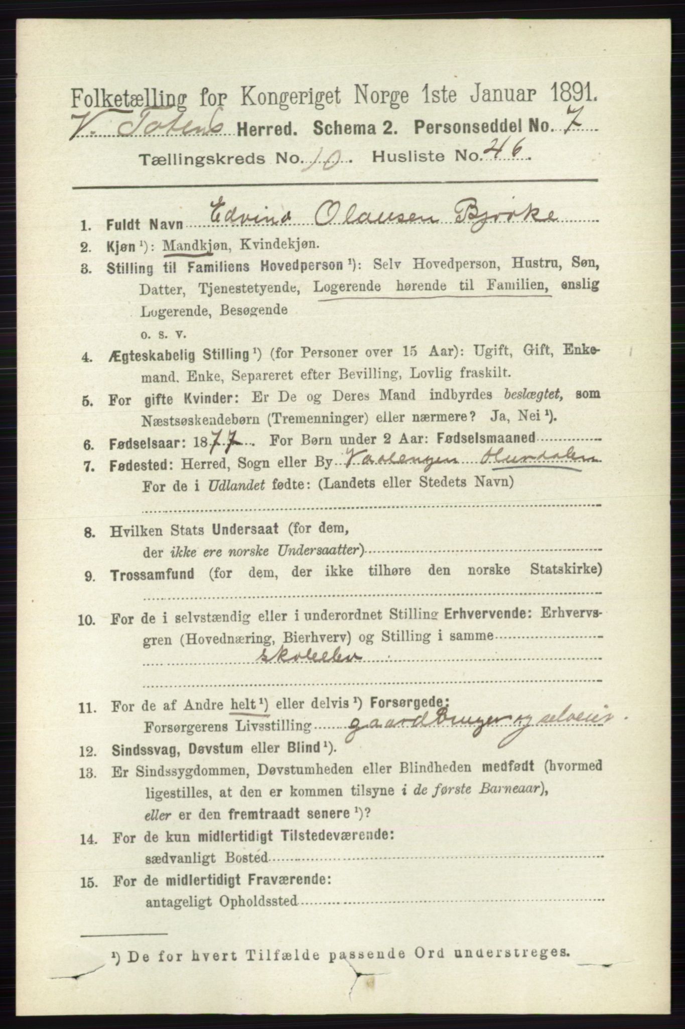 RA, 1891 census for 0529 Vestre Toten, 1891, p. 6474