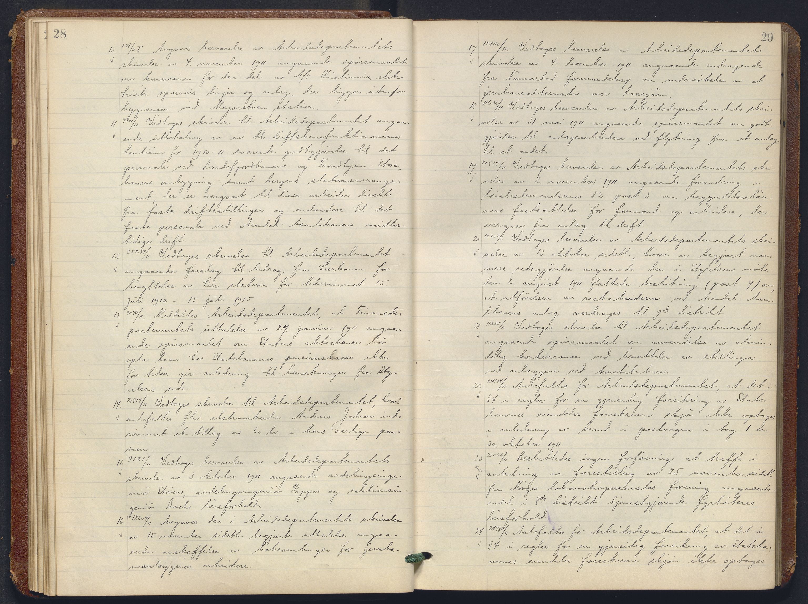 Norges statsbaner, Administrasjons- økonomi- og personalavdelingen, AV/RA-S-3412/A/Aa/L0012: Forhandlingsprotokoll, 1911-1913, p. 28-29