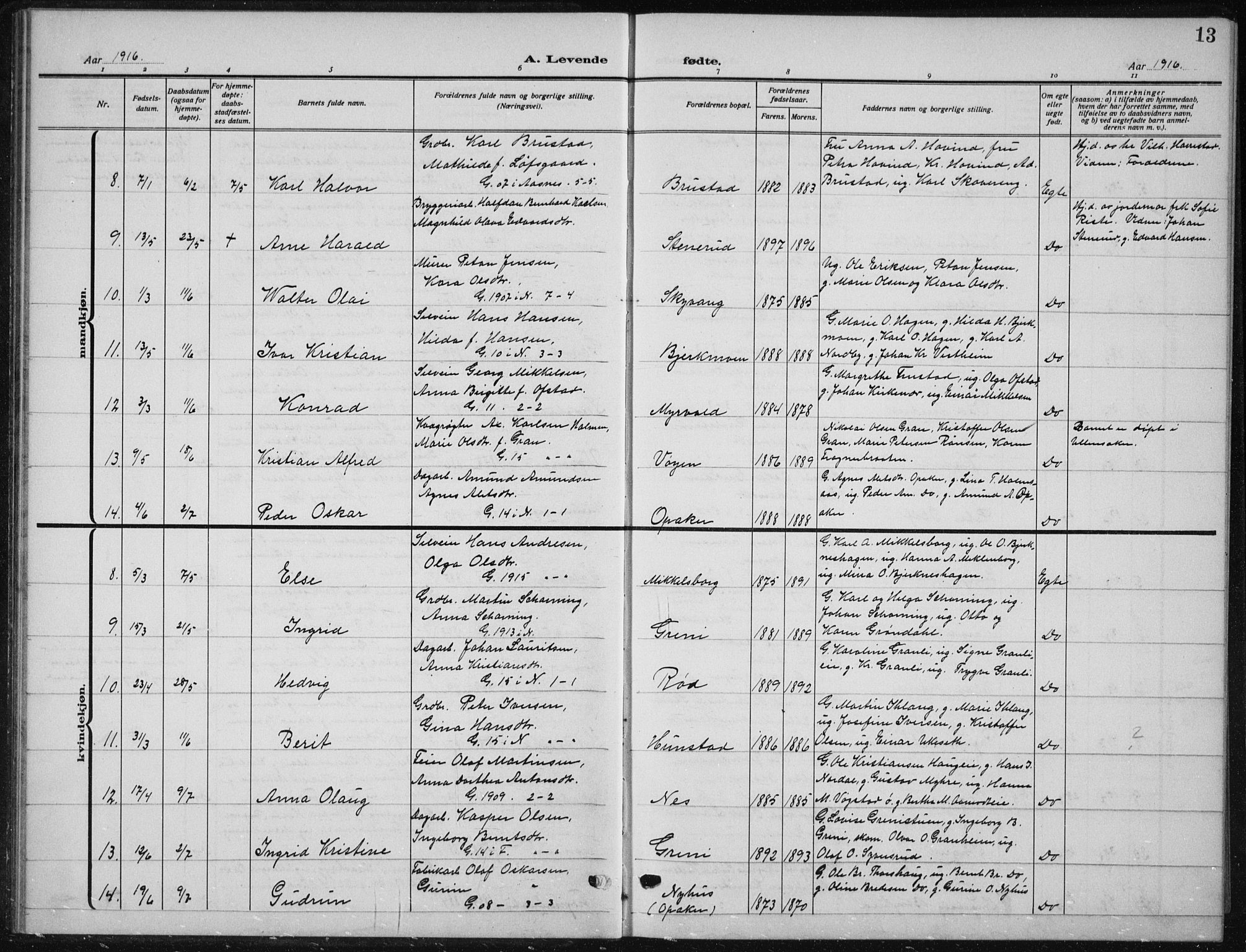 Nes prestekontor Kirkebøker, AV/SAO-A-10410/G/Ga/L0003: Parish register (copy) no. I 3, 1913-1941, p. 13