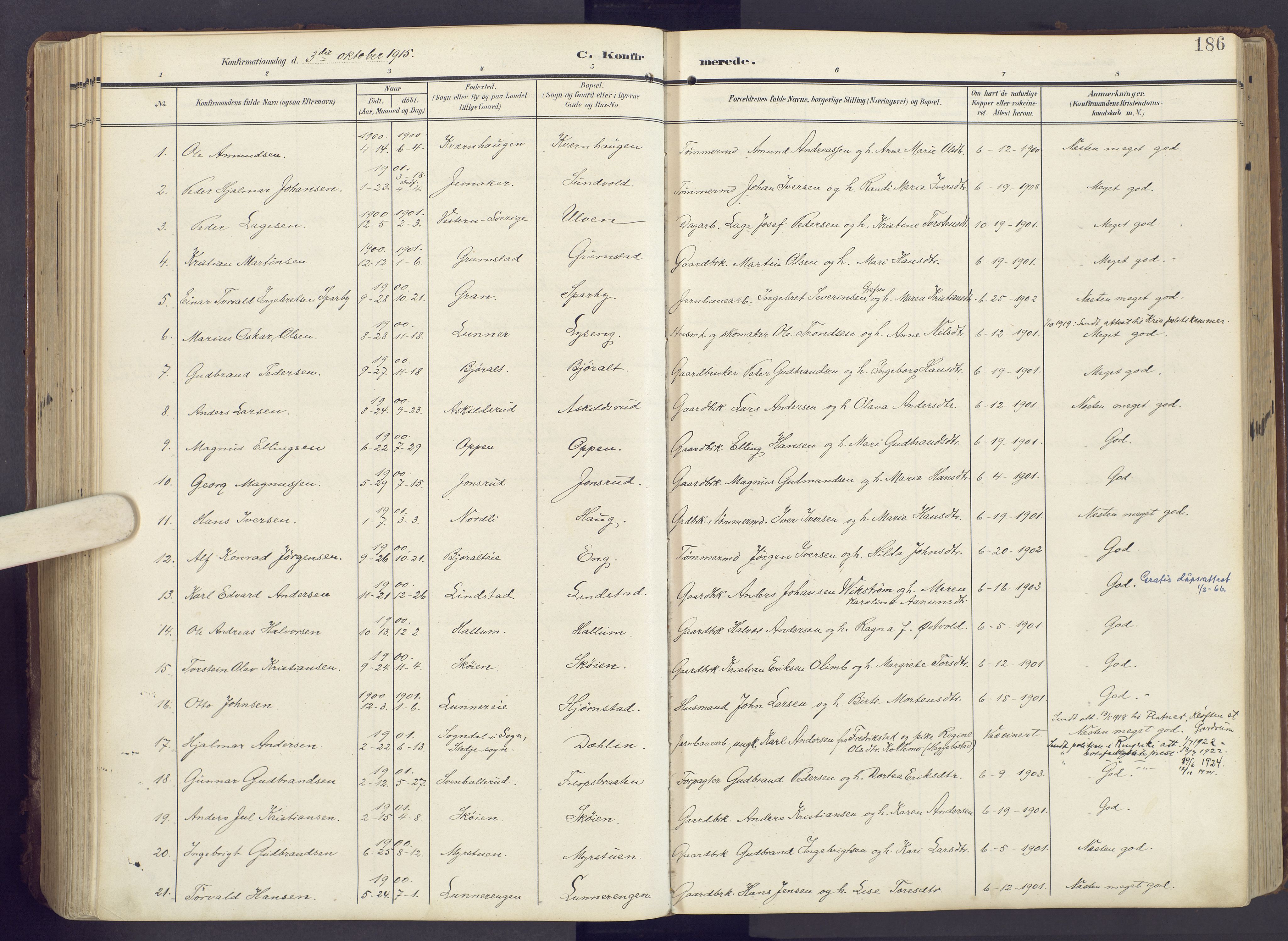 Lunner prestekontor, SAH/PREST-118/H/Ha/Haa/L0001: Parish register (official) no. 1, 1907-1922, p. 186