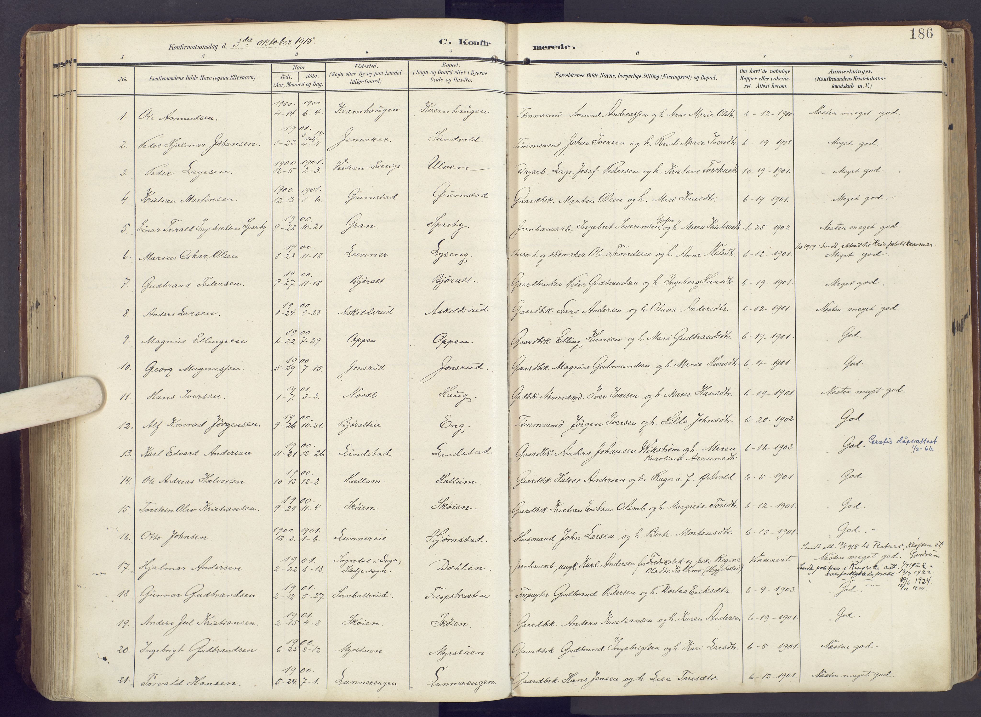 Lunner prestekontor, AV/SAH-PREST-118/H/Ha/Haa/L0001: Parish register (official) no. 1, 1907-1922, p. 186