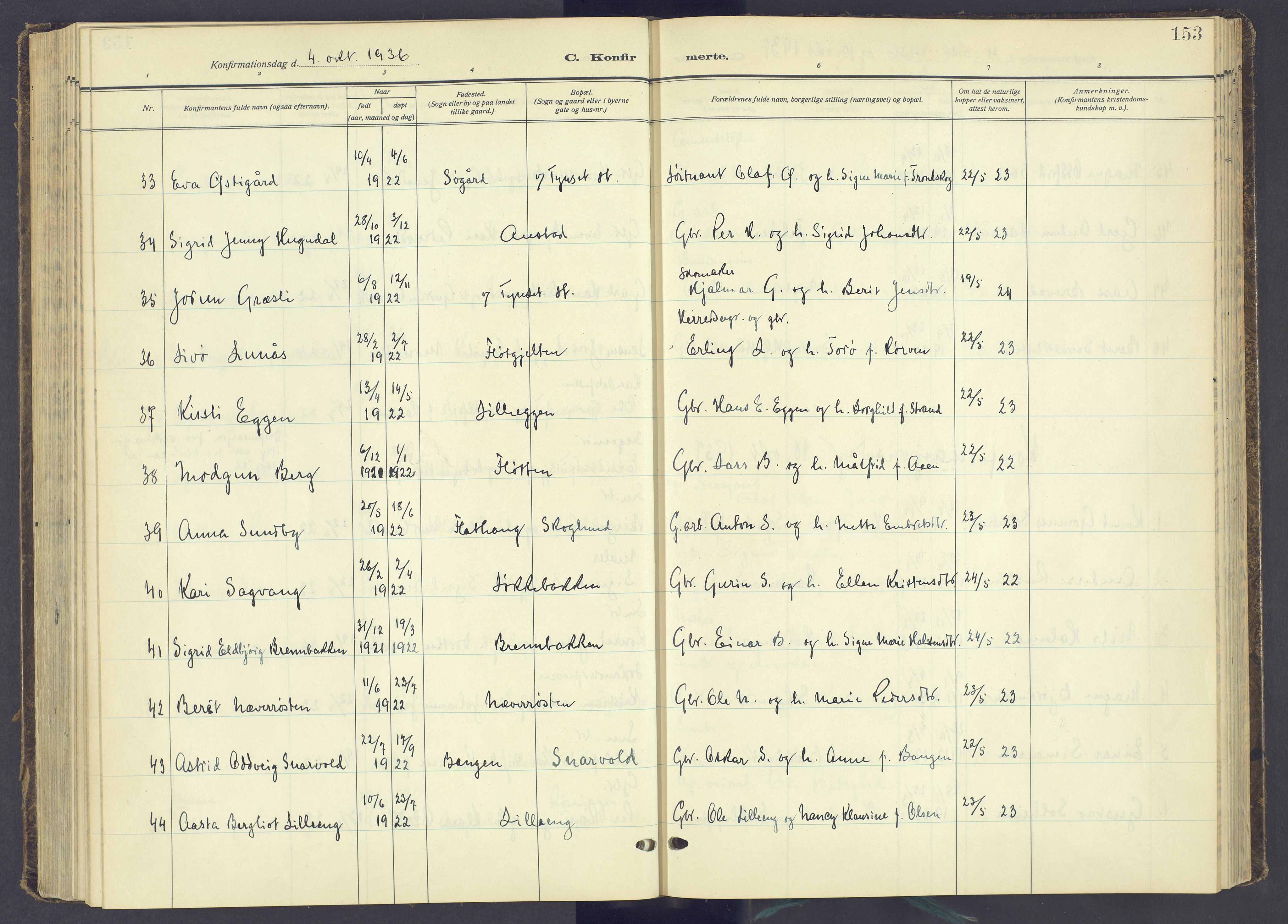 Tynset prestekontor, AV/SAH-PREST-058/H/Ha/Haa/L0027: Parish register (official) no. 27, 1930-1944, p. 153