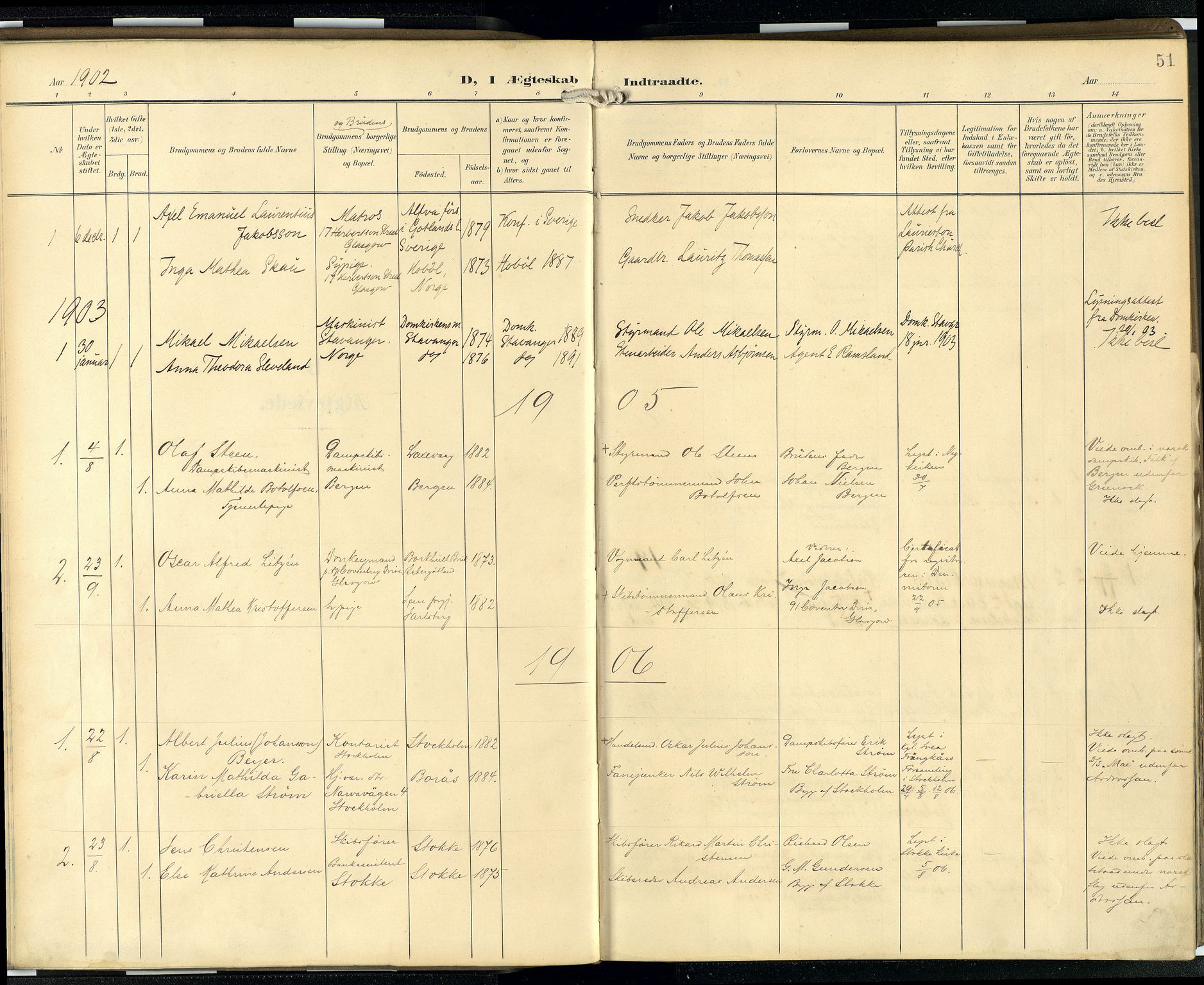 Den norske sjømannsmisjon i utlandet/Skotske havner (Leith, Glasgow), SAB/SAB/PA-0100/H/Ha/Hab/L0001: Parish register (official) no. A 1, 1902-1931, p. 50b-51a