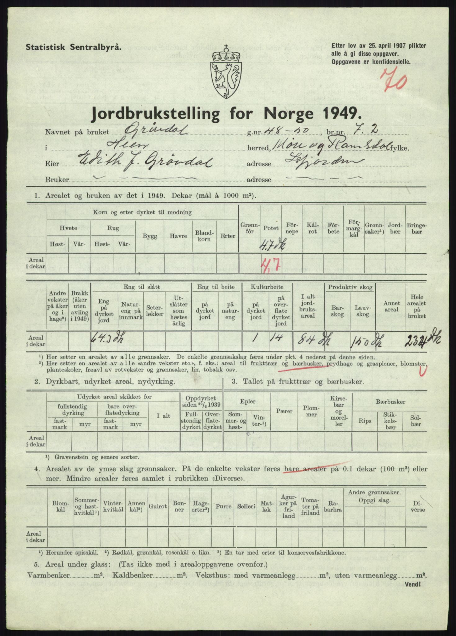 Statistisk sentralbyrå, Næringsøkonomiske emner, Jordbruk, skogbruk, jakt, fiske og fangst, AV/RA-S-2234/G/Gc/L0323: Møre og Romsdal: Grytten og Hen, 1949, p. 831