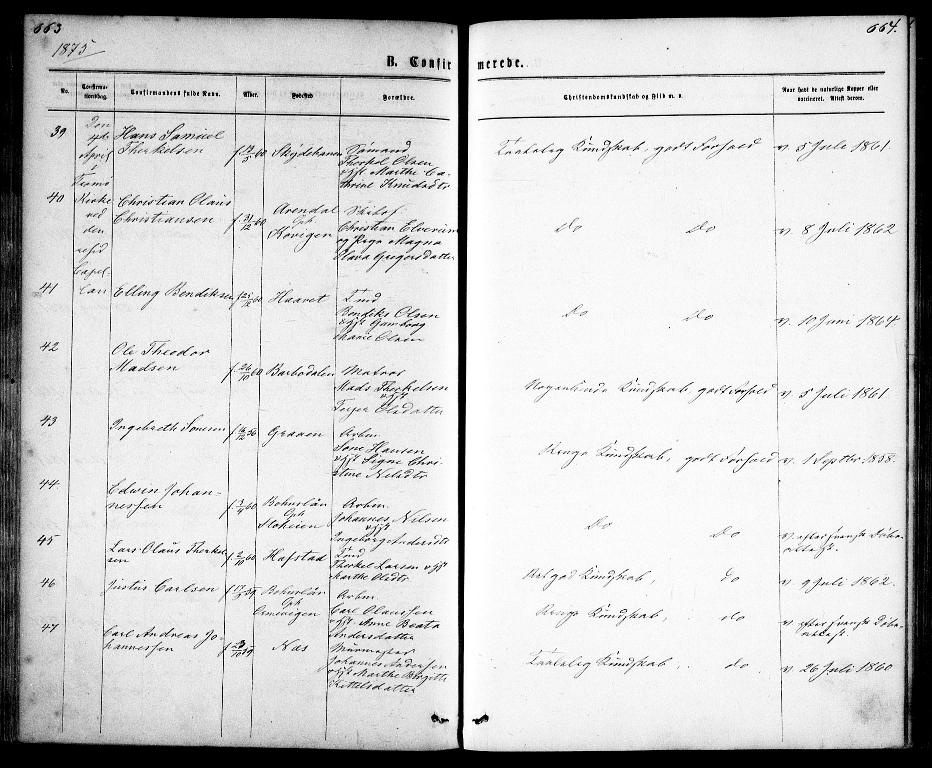 Tromøy sokneprestkontor, AV/SAK-1111-0041/F/Fa/L0008: Parish register (official) no. A 8, 1870-1877, p. 663-664