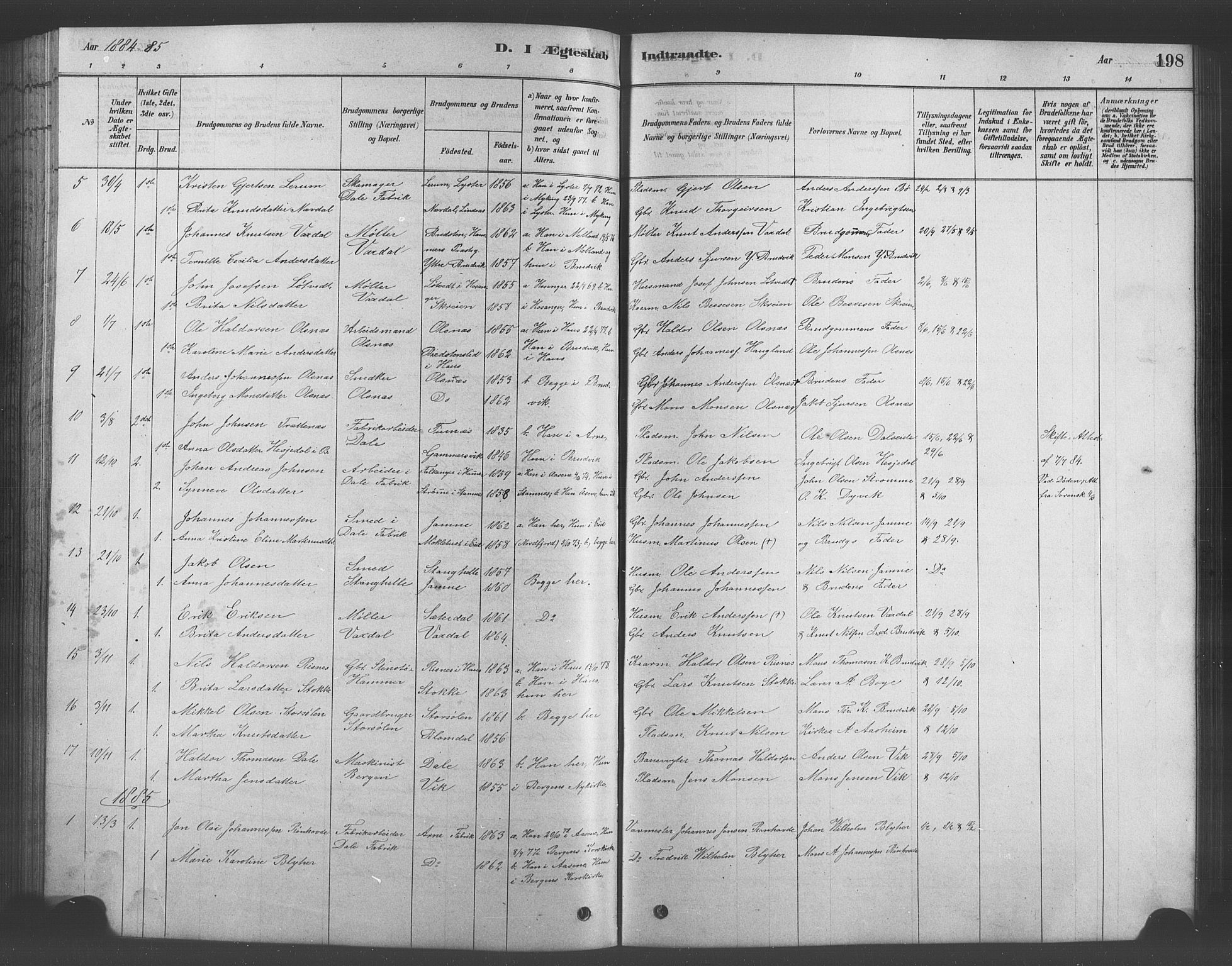 Bruvik Sokneprestembete, SAB/A-74701/H/Hab: Parish register (copy) no. A 1, 1878-1907, p. 198