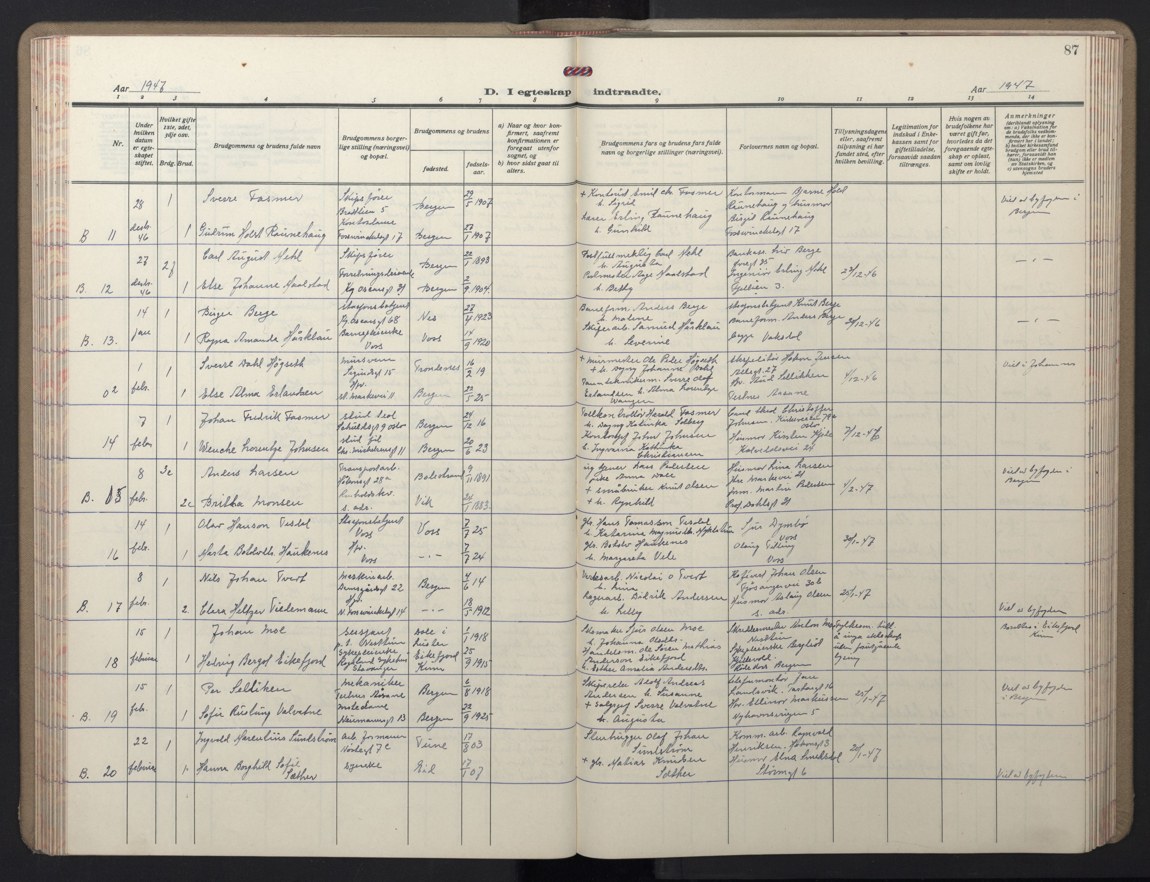 Domkirken sokneprestembete, SAB/A-74801/H/Hab/L0035: Parish register (copy) no. D 7, 1941-1953, p. 87
