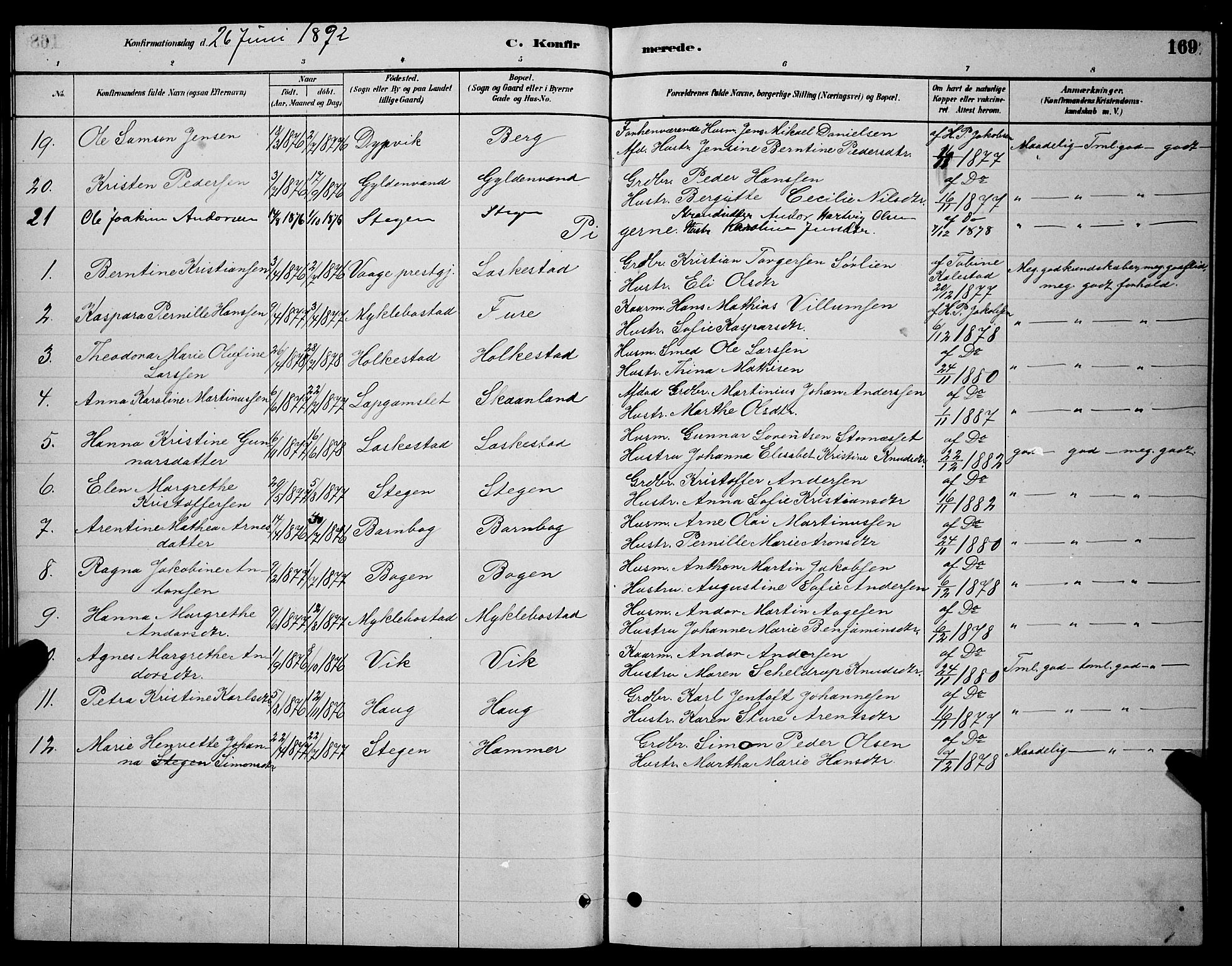 Ministerialprotokoller, klokkerbøker og fødselsregistre - Nordland, AV/SAT-A-1459/855/L0816: Parish register (copy) no. 855C05, 1879-1894, p. 169