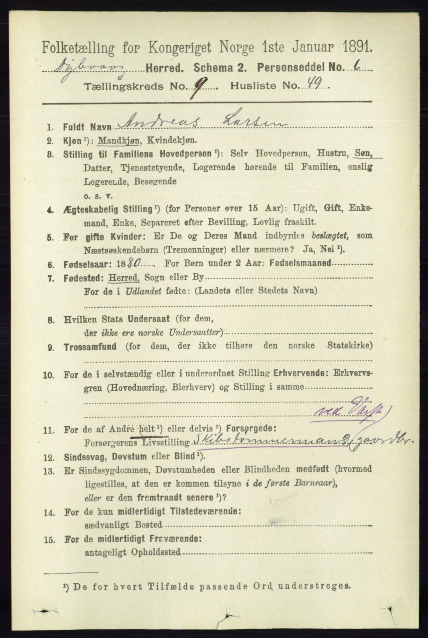 RA, 1891 census for 0915 Dypvåg, 1891, p. 3585