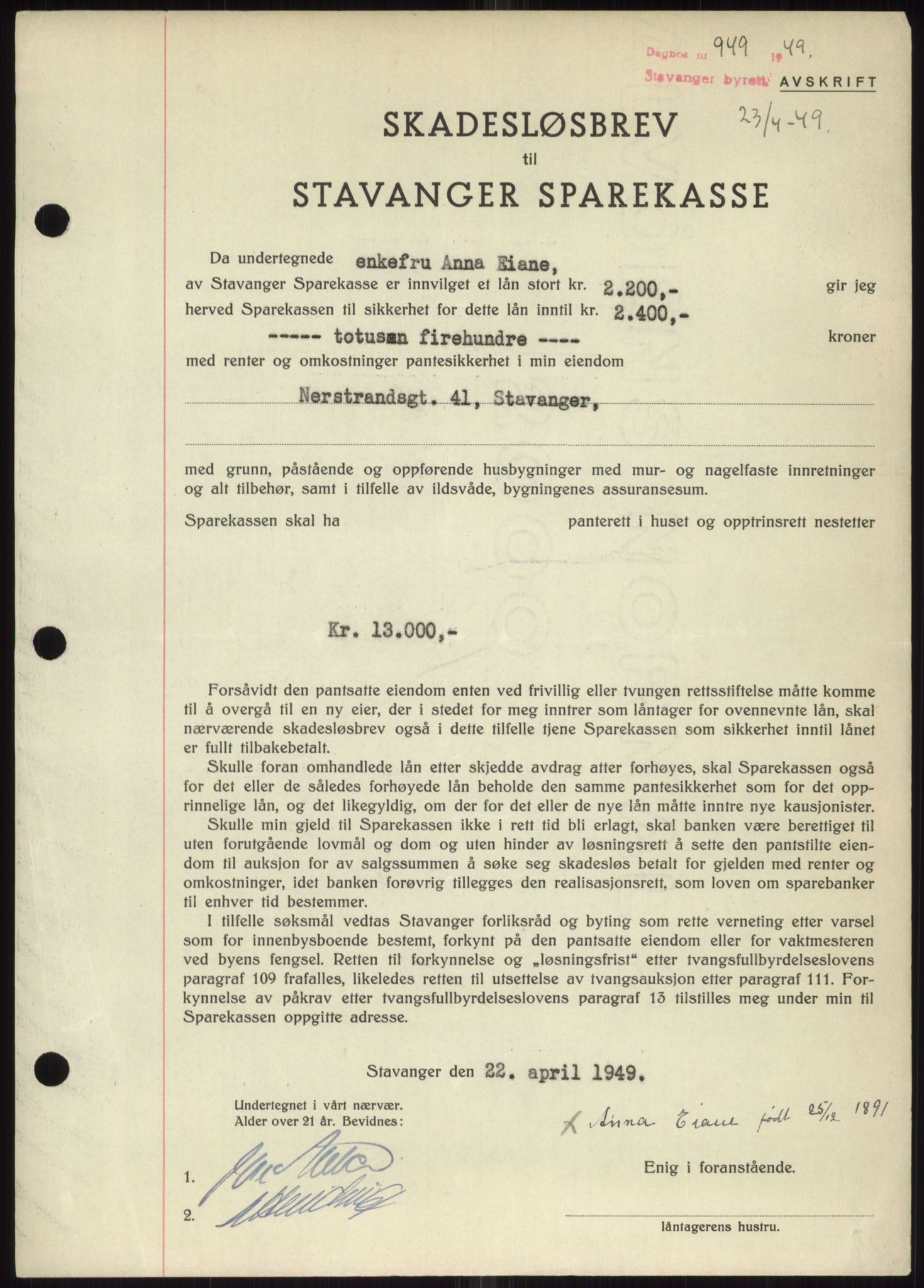 Stavanger byrett, SAST/A-100455/002/G/Gb/L0032: Mortgage book, 1947-1950, Diary no: : 949/1949