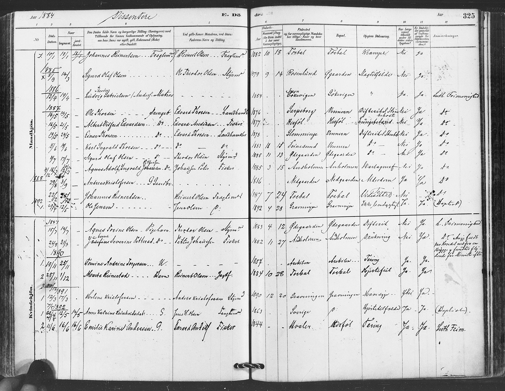 Hvaler prestekontor Kirkebøker, SAO/A-2001/F/Fa/L0008: Parish register (official) no. I 8, 1878-1895, p. 325