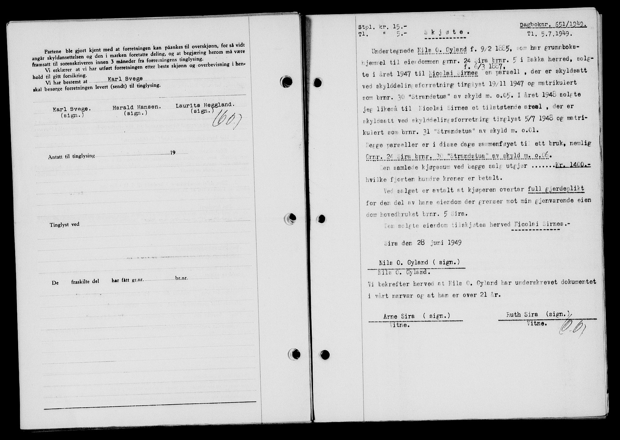 Flekkefjord sorenskriveri, SAK/1221-0001/G/Gb/Gba/L0065: Mortgage book no. A-13, 1949-1949, Diary no: : 651/1949