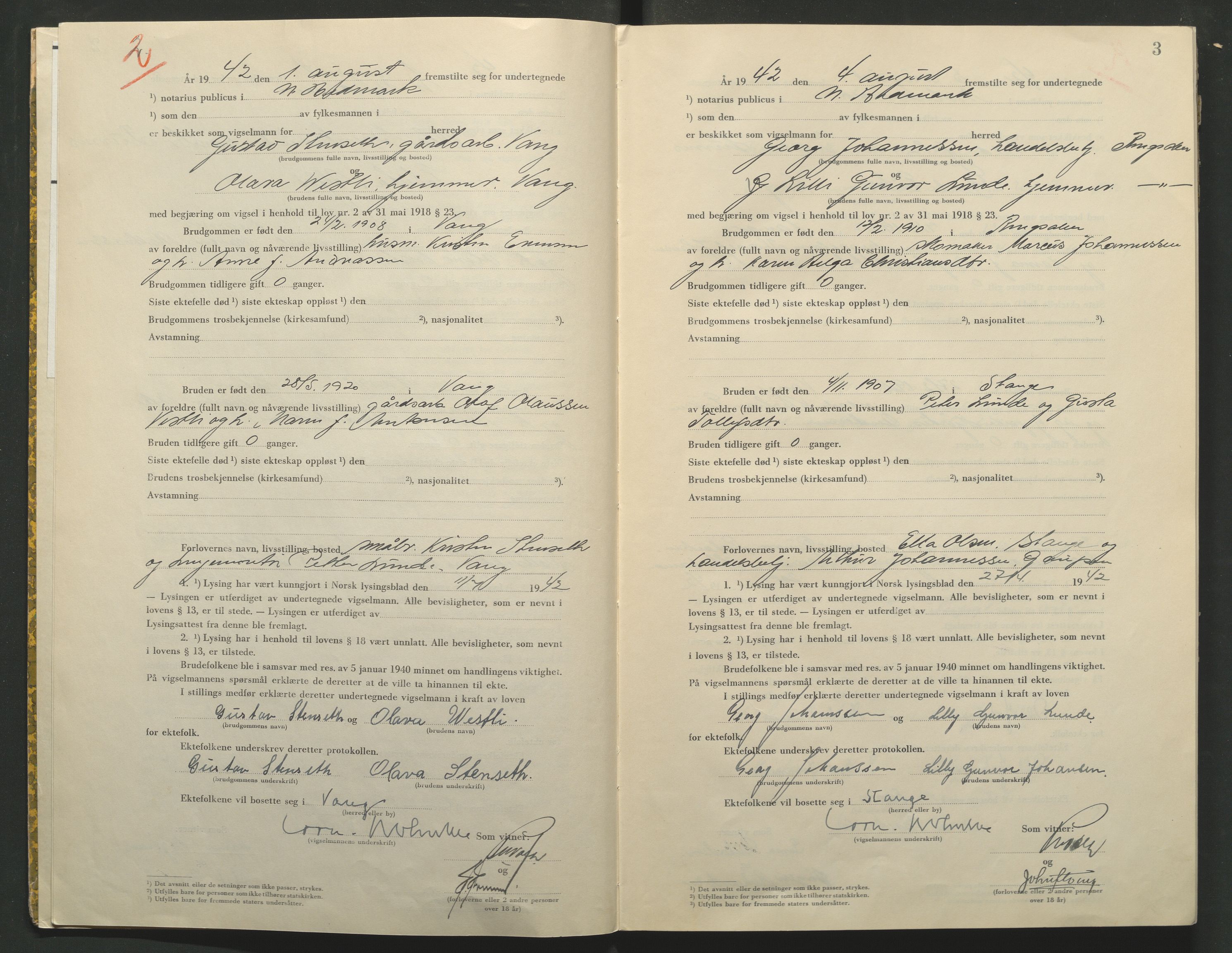 Nord-Hedmark sorenskriveri, AV/SAH-TING-012/L/Lc/L0001/0002: Vigselsprotokoller / Vigselsprotokoll, 1942-1943, p. 3