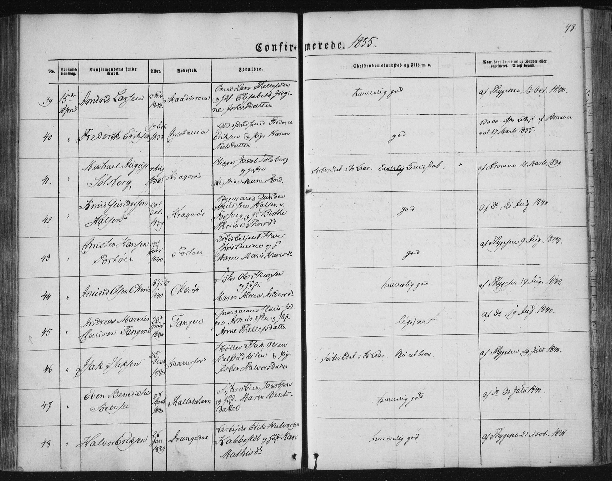 Kragerø kirkebøker, AV/SAKO-A-278/F/Fa/L0006: Parish register (official) no. 6, 1847-1861, p. 48