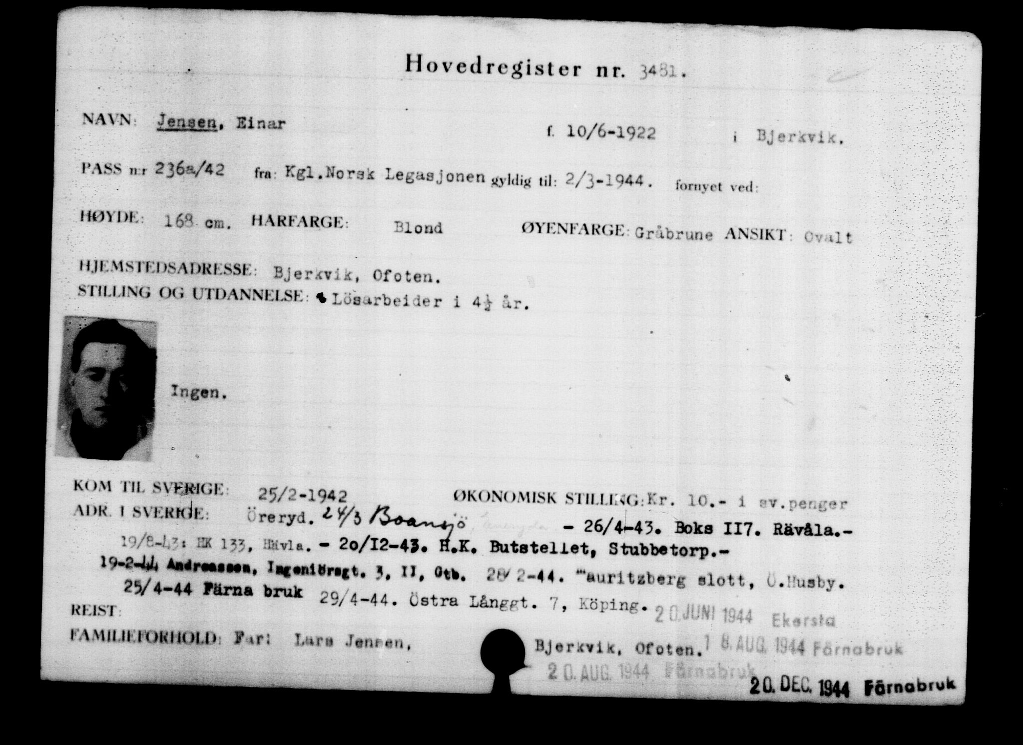 Utenriksstasjonene, Legasjonen i Stockholm, Flyktningkontoret, AV/RA-S-6753/V/Va/L0003: Kjesäterkartoteket, flyktninger med registreringsnr. 2001-3495, 1940-1945, p. 1995