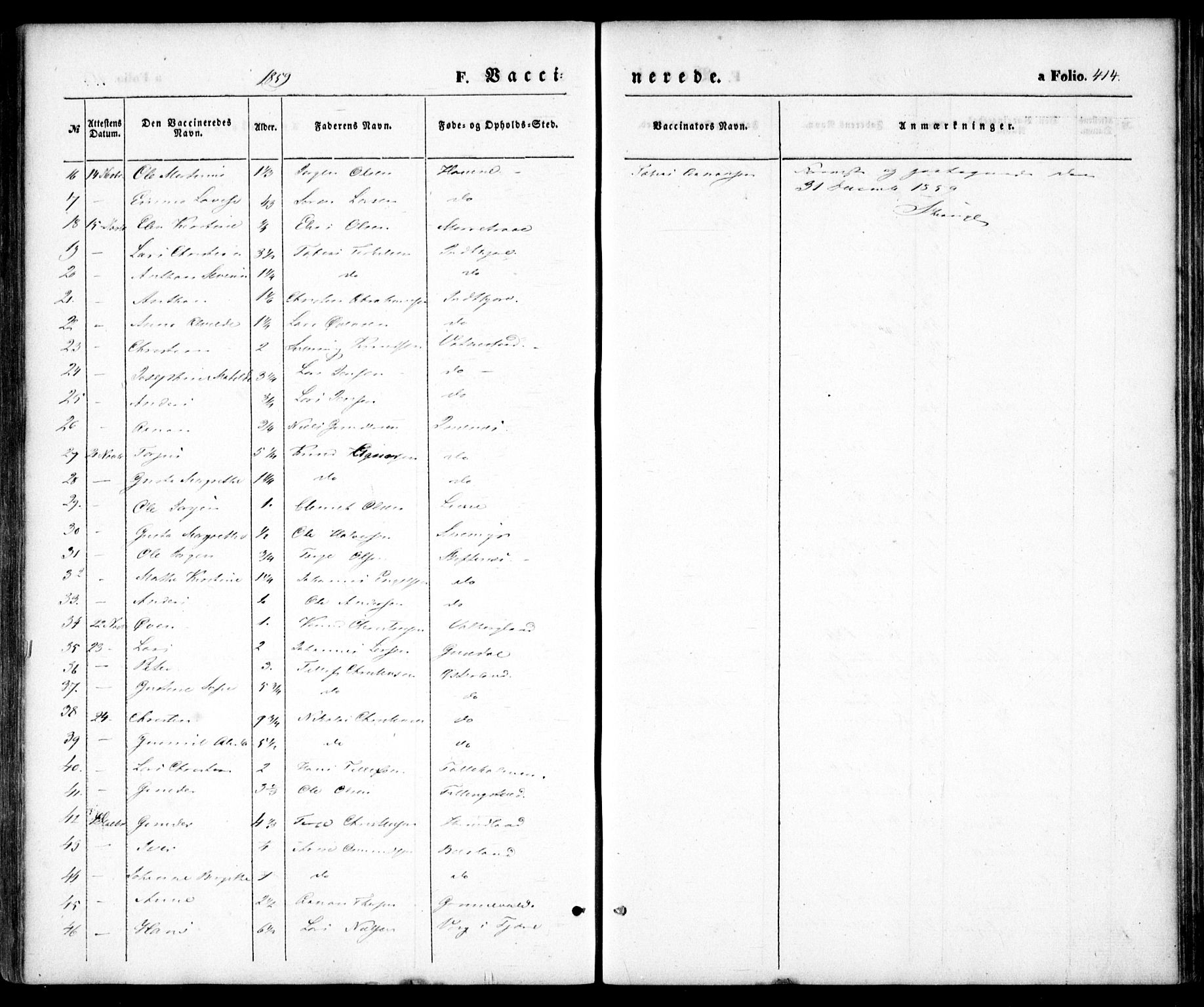 Hommedal sokneprestkontor, AV/SAK-1111-0023/F/Fa/Fab/L0004: Parish register (official) no. A 4, 1848-1860, p. 414