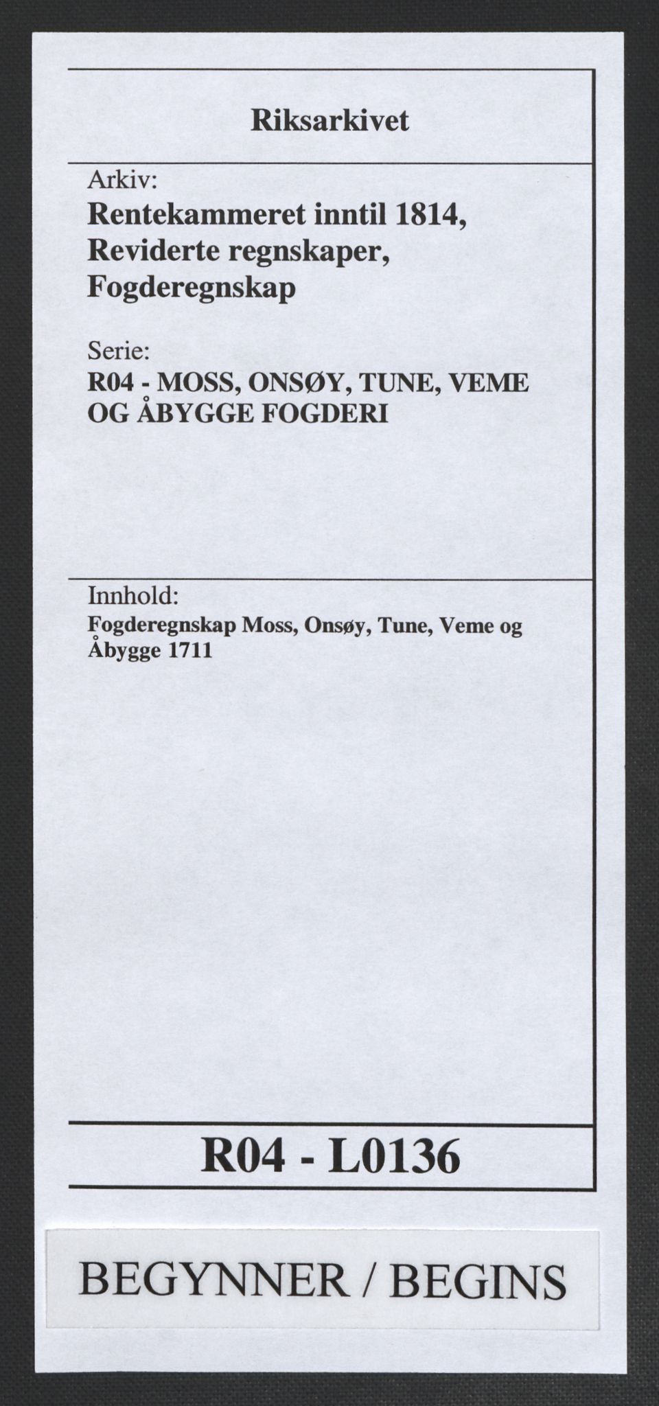 Rentekammeret inntil 1814, Reviderte regnskaper, Fogderegnskap, AV/RA-EA-4092/R04/L0136: Fogderegnskap Moss, Onsøy, Tune, Veme og Åbygge, 1711, p. 1