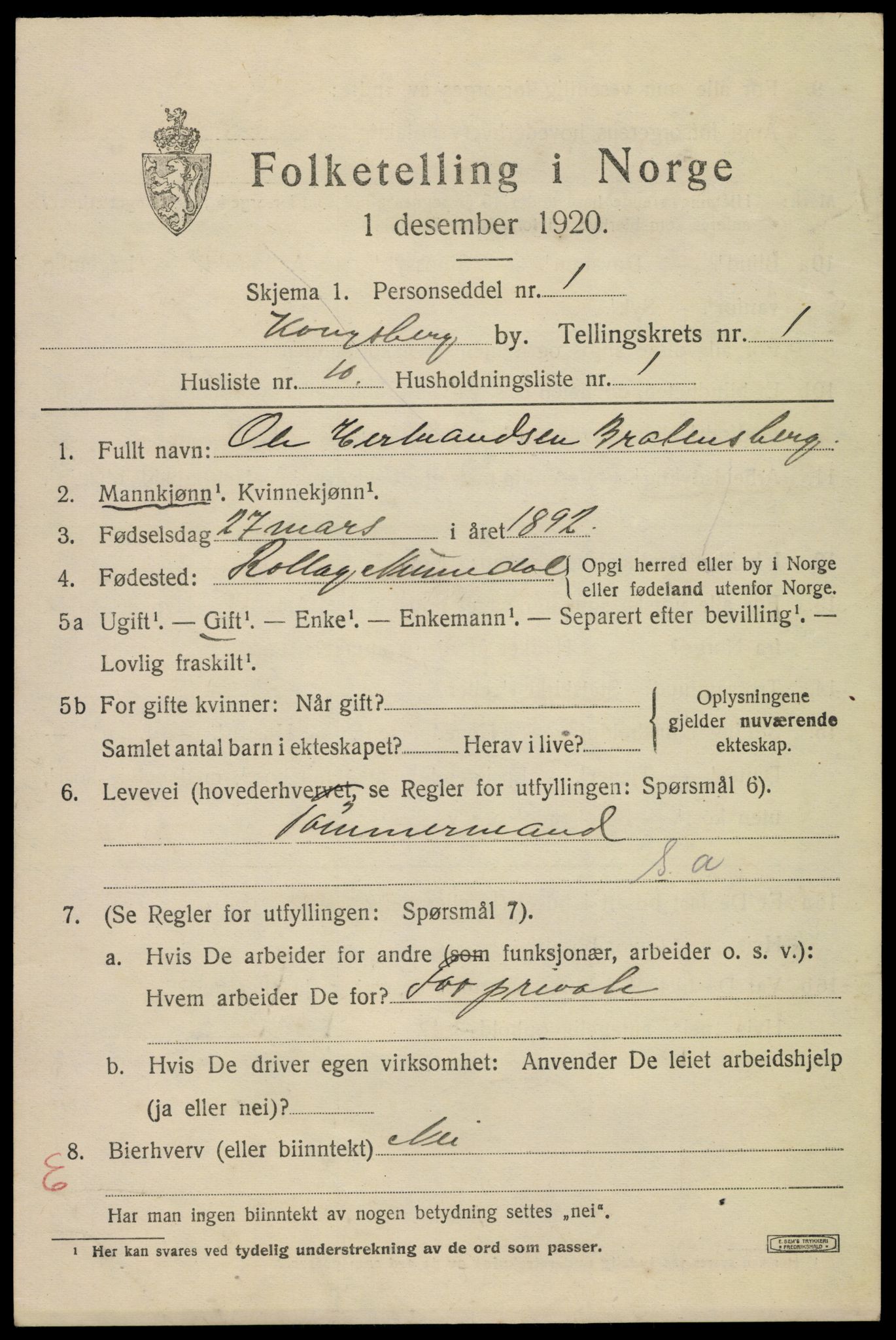 SAKO, 1920 census for Kongsberg, 1920, p. 5820