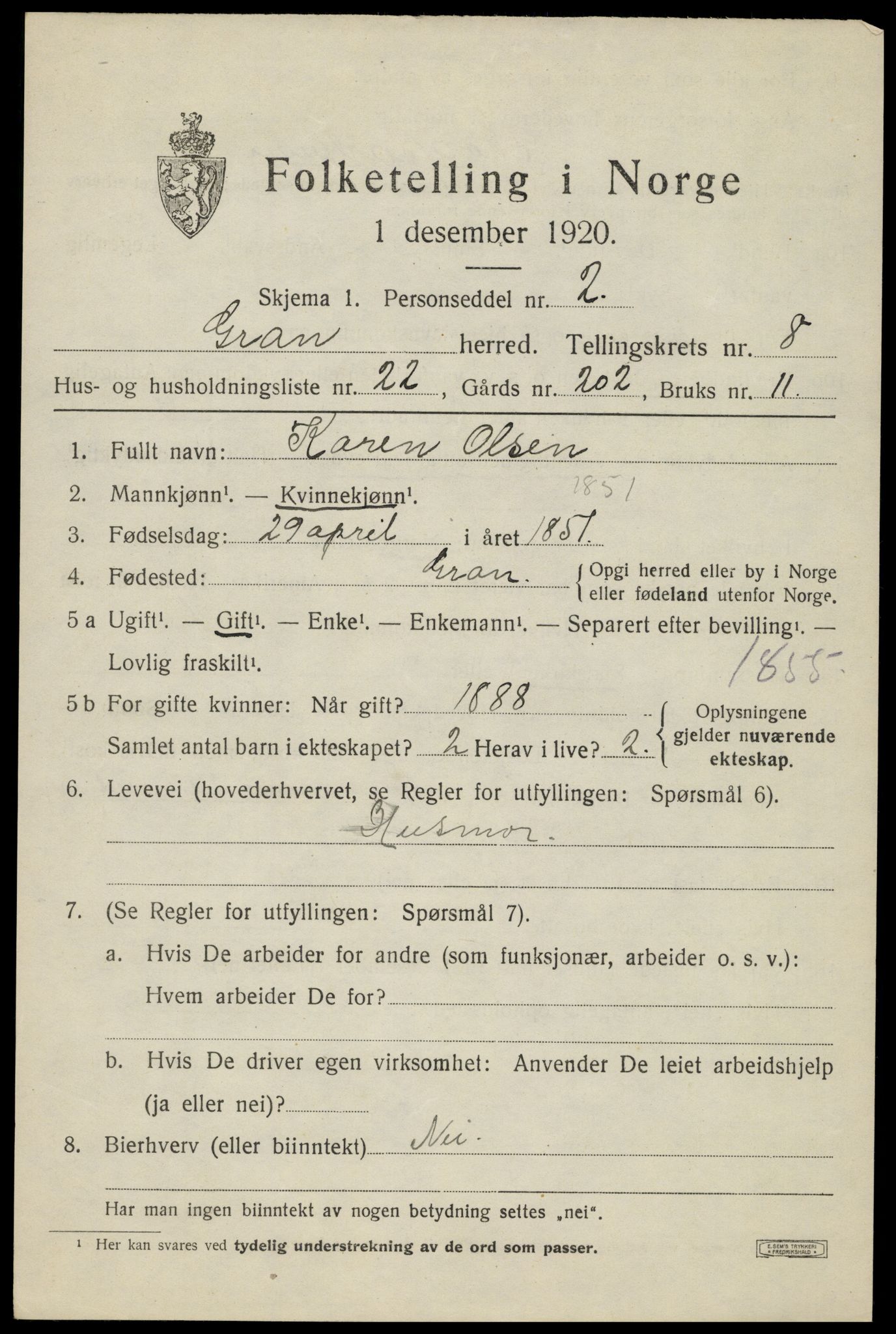 SAH, 1920 census for Gran, 1920, p. 10720