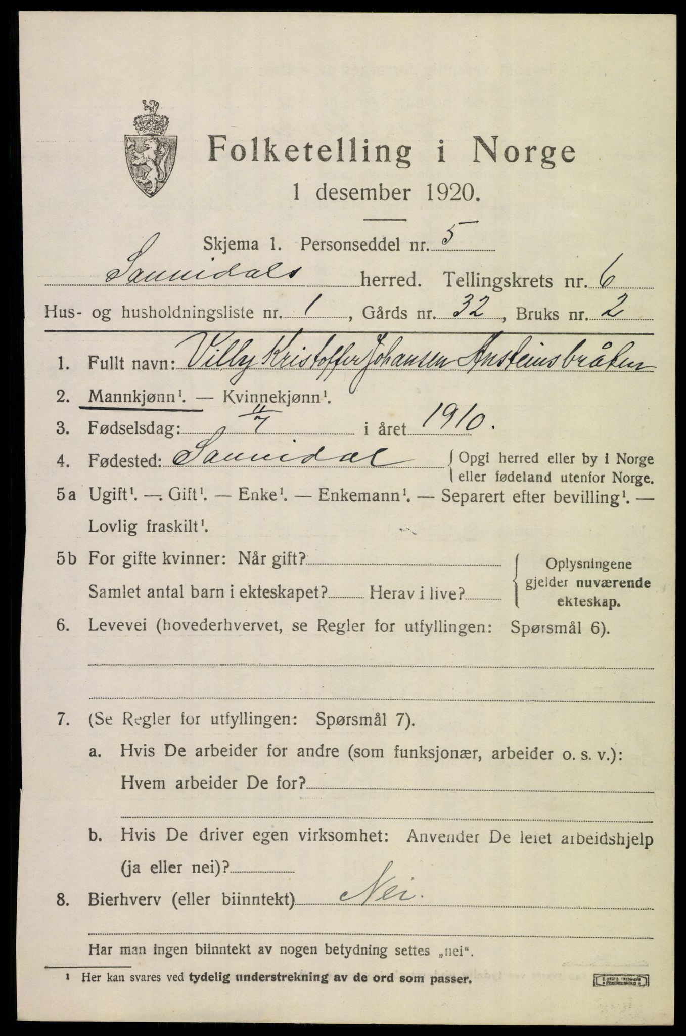 SAKO, 1920 census for Sannidal, 1920, p. 4683