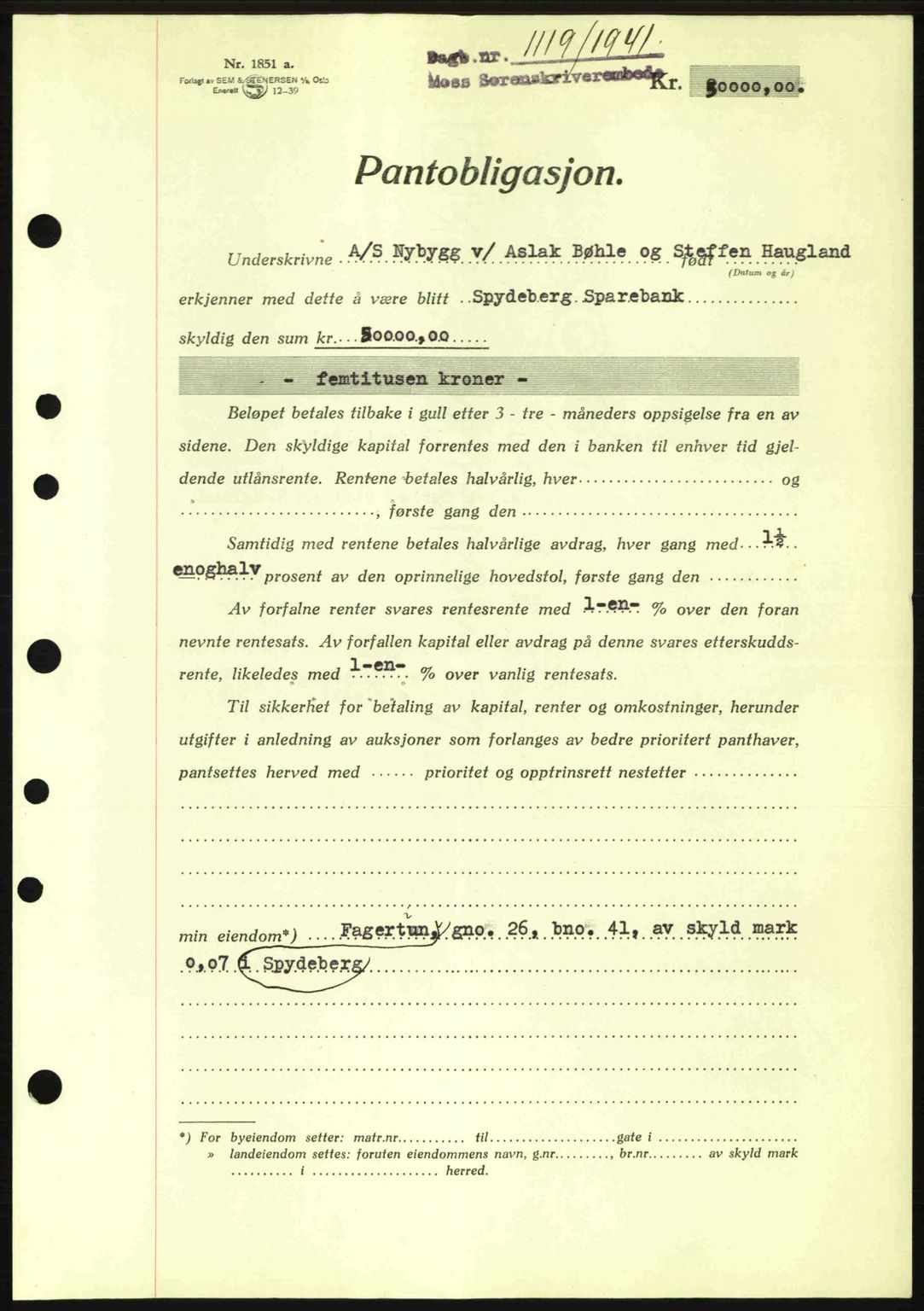 Moss sorenskriveri, SAO/A-10168: Mortgage book no. B10, 1940-1941, Diary no: : 1119/1941