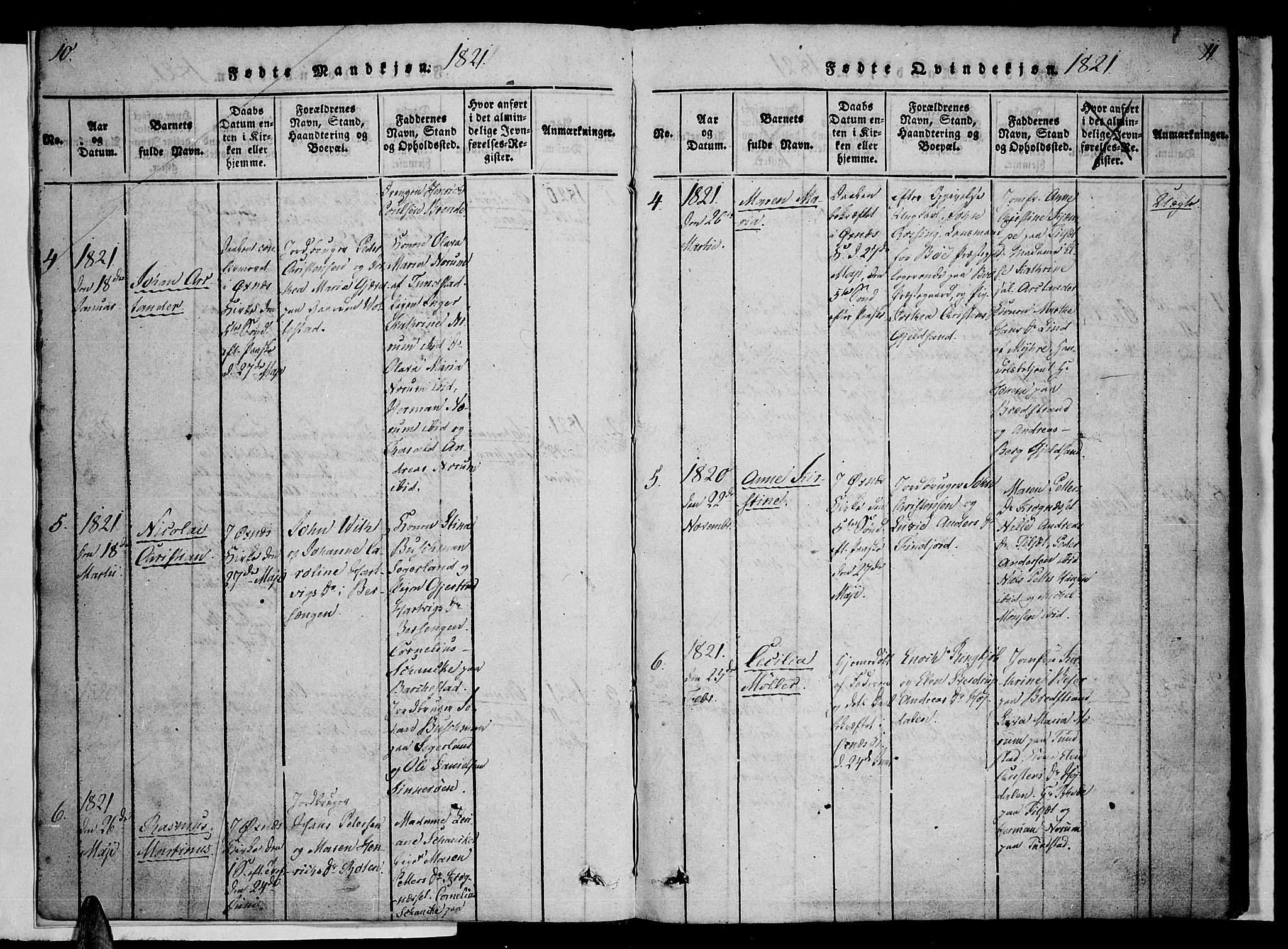Ministerialprotokoller, klokkerbøker og fødselsregistre - Nordland, SAT/A-1459/893/L1331: Parish register (official) no. 893A04, 1820-1840, p. 10-11
