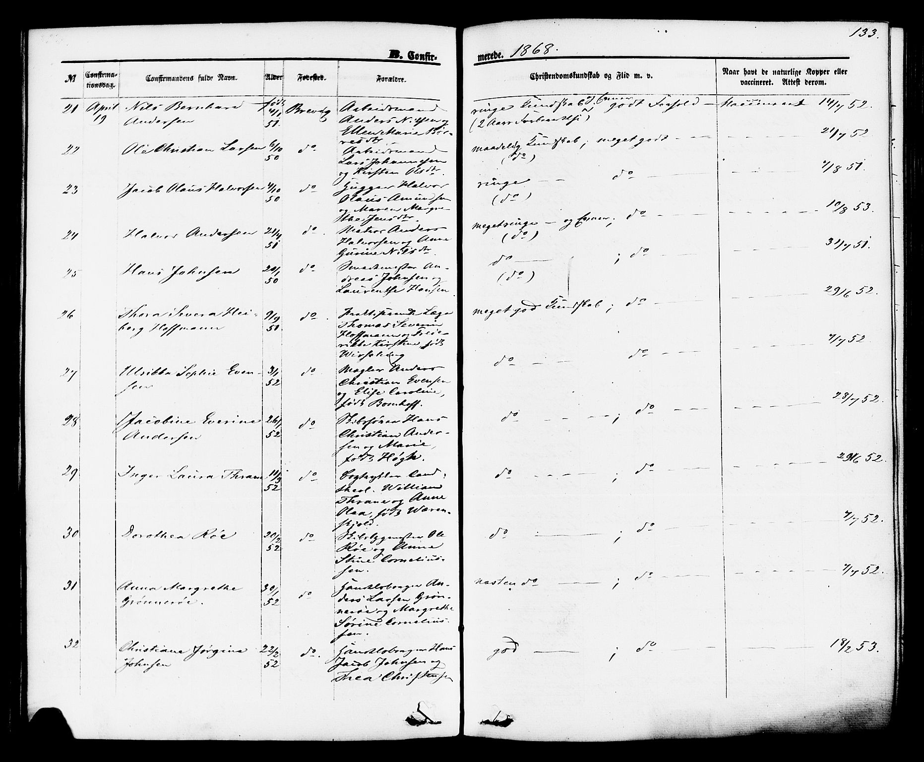 Brevik kirkebøker, SAKO/A-255/F/Fa/L0006: Parish register (official) no. 6, 1866-1881, p. 133