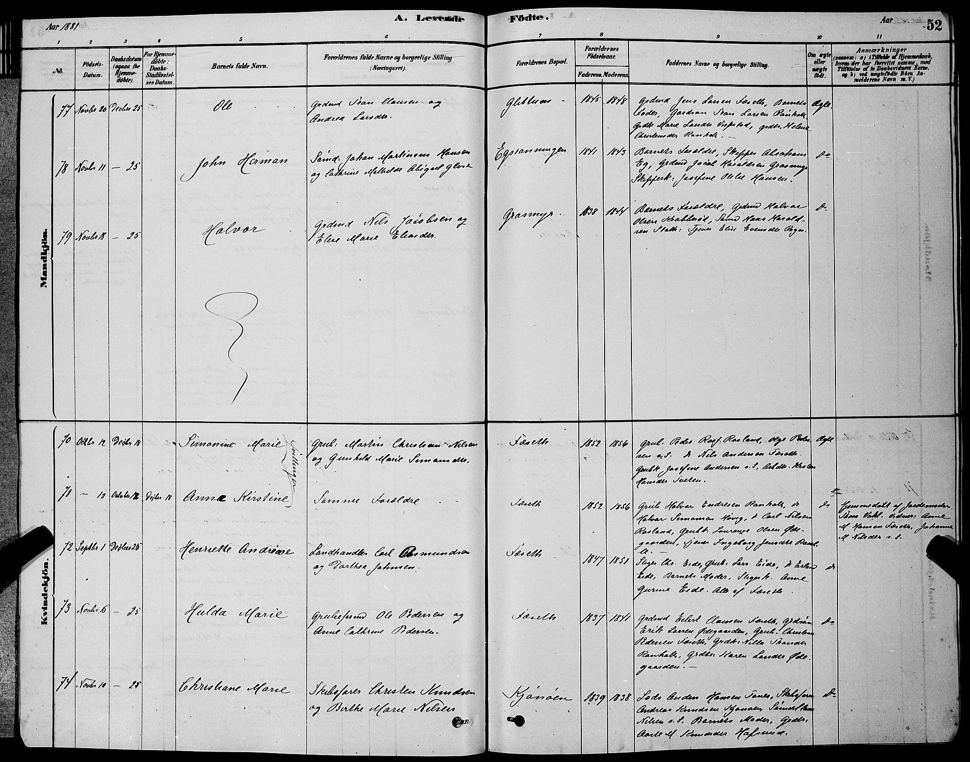 Bamble kirkebøker, AV/SAKO-A-253/G/Ga/L0008: Parish register (copy) no. I 8, 1878-1888, p. 52