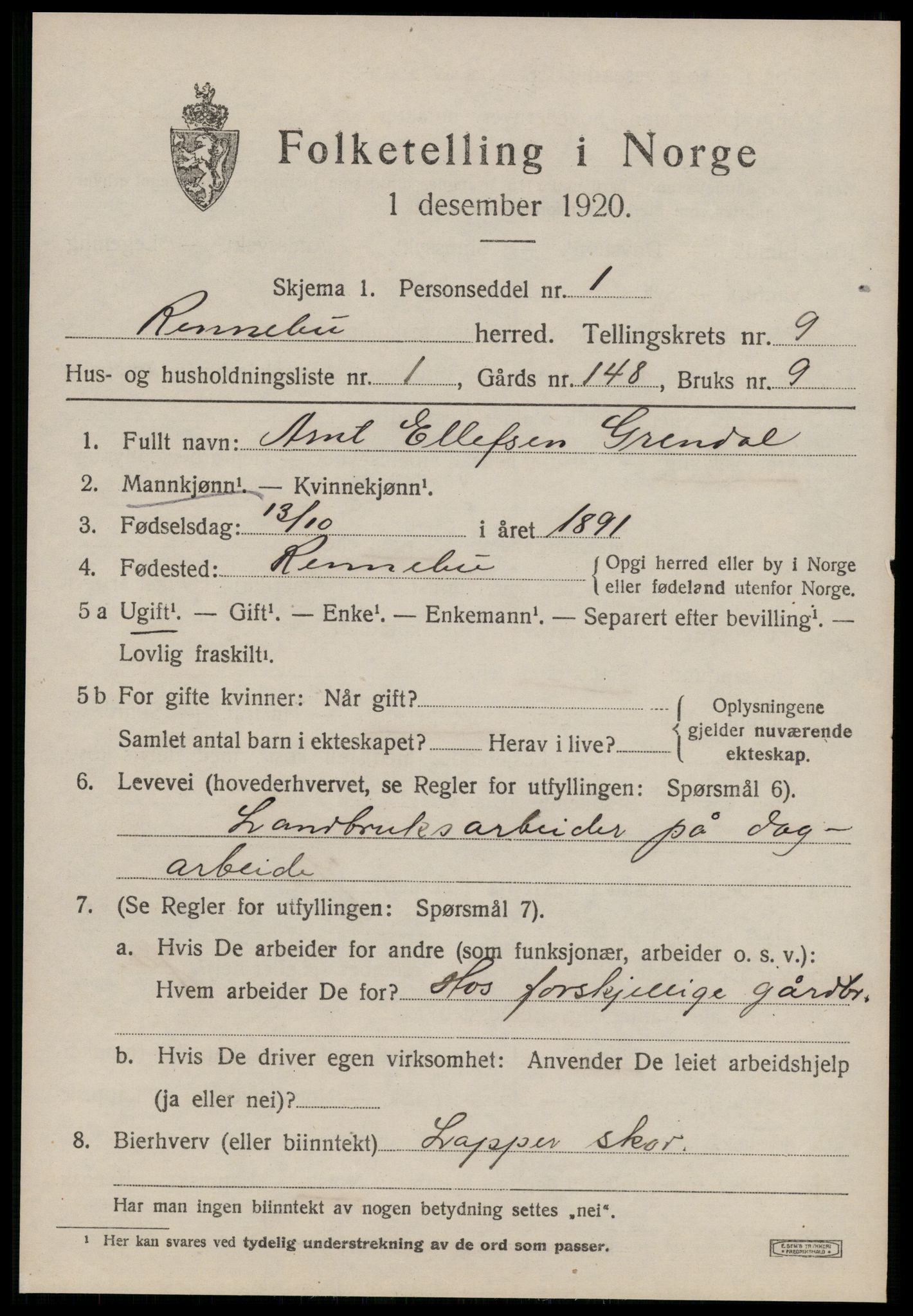 SAT, 1920 census for Rennebu, 1920, p. 5830